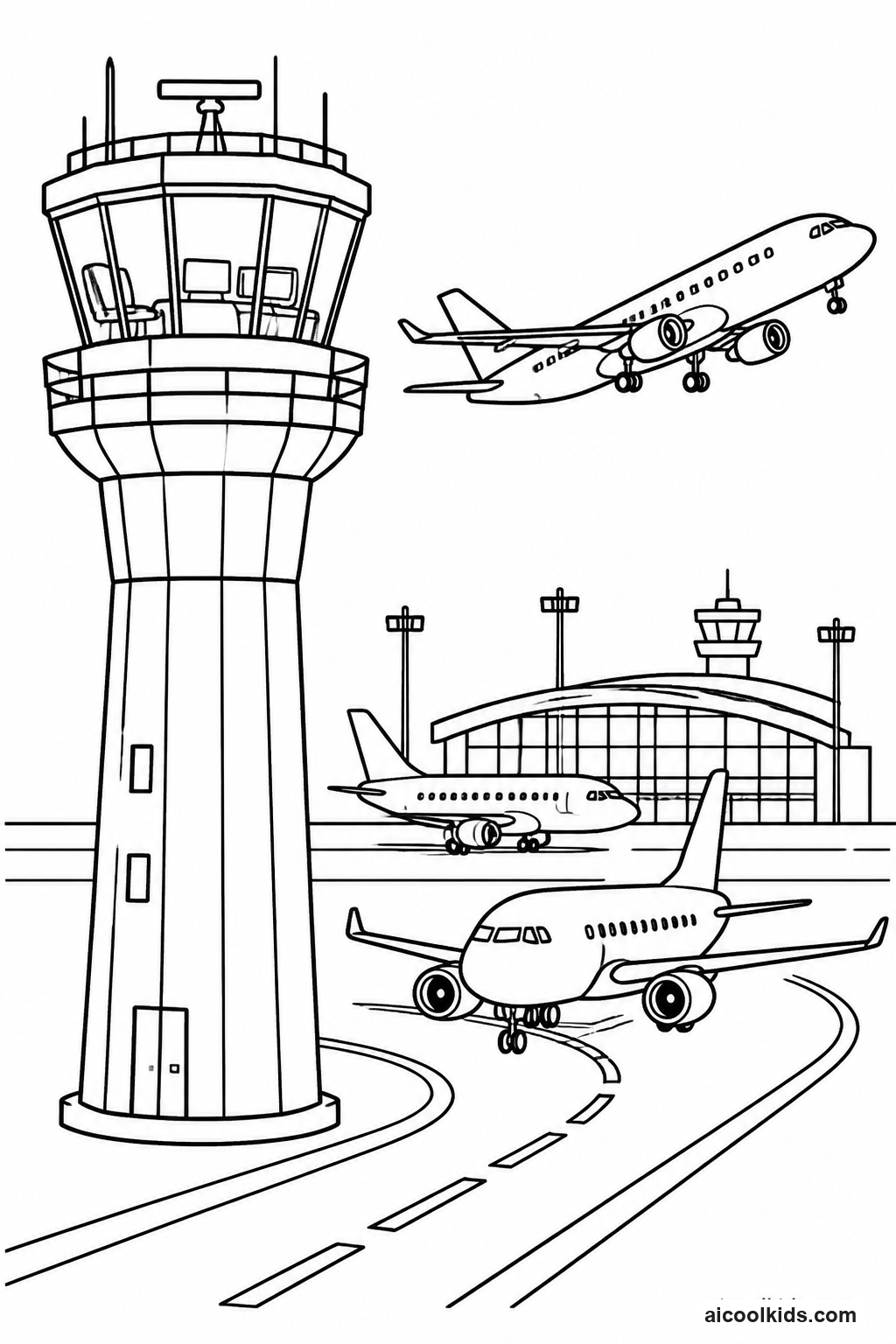 Airport Control Tower Overlooking Busy Runway free printable activity sheet