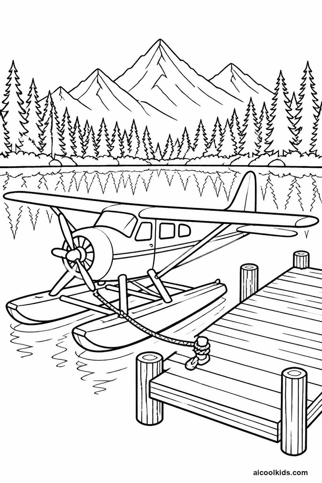 Amphibious Seaplane Docked at Lake Pier free printable activity sheet