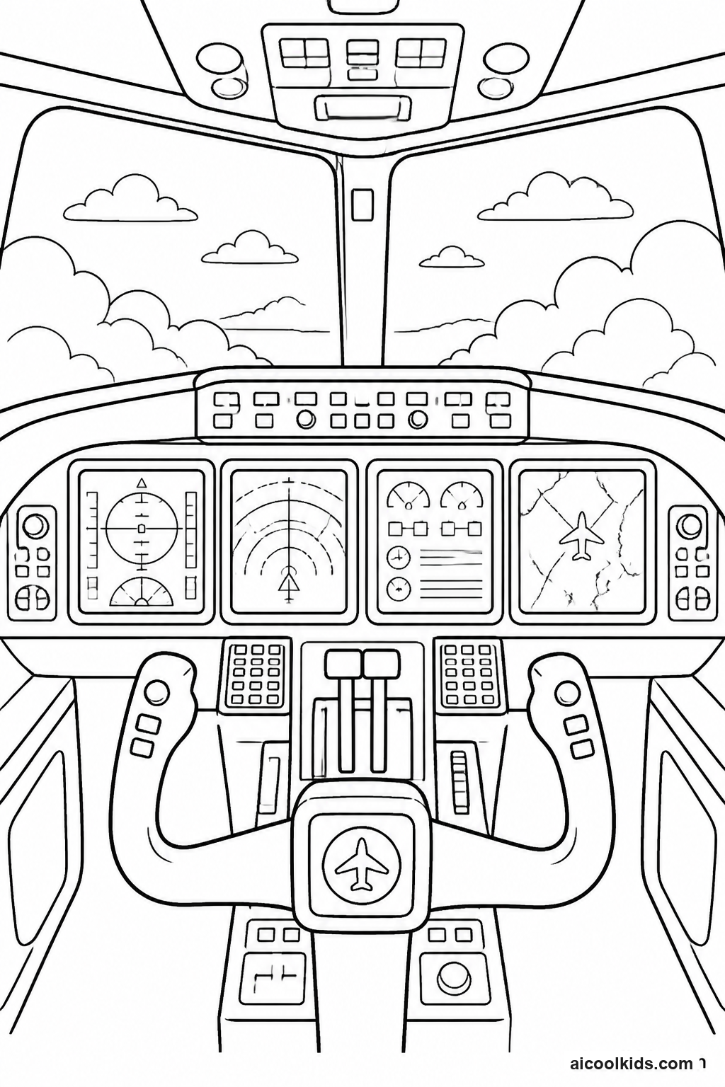 Airplane Cockpit with Dials and Control Yoke free printable activity sheet
