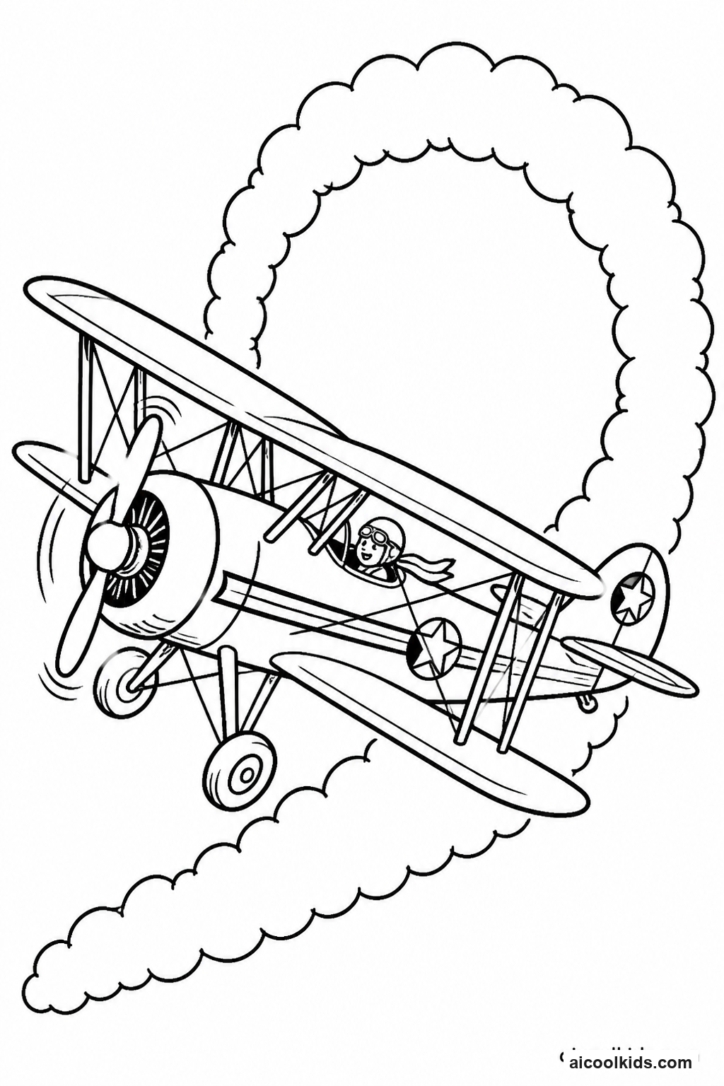Vintage Classic Biplane Trailing Smoke in Loop free printable activity sheet
