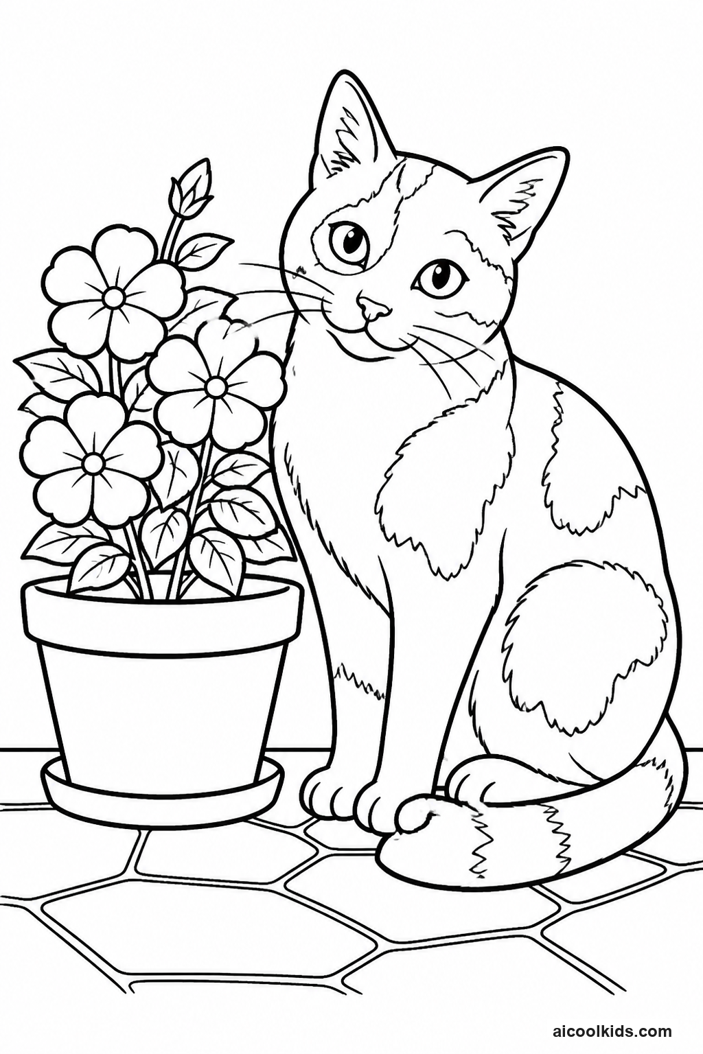 Calico Cat Sitting Next to Terracotta Flowerpot free printable activity sheet