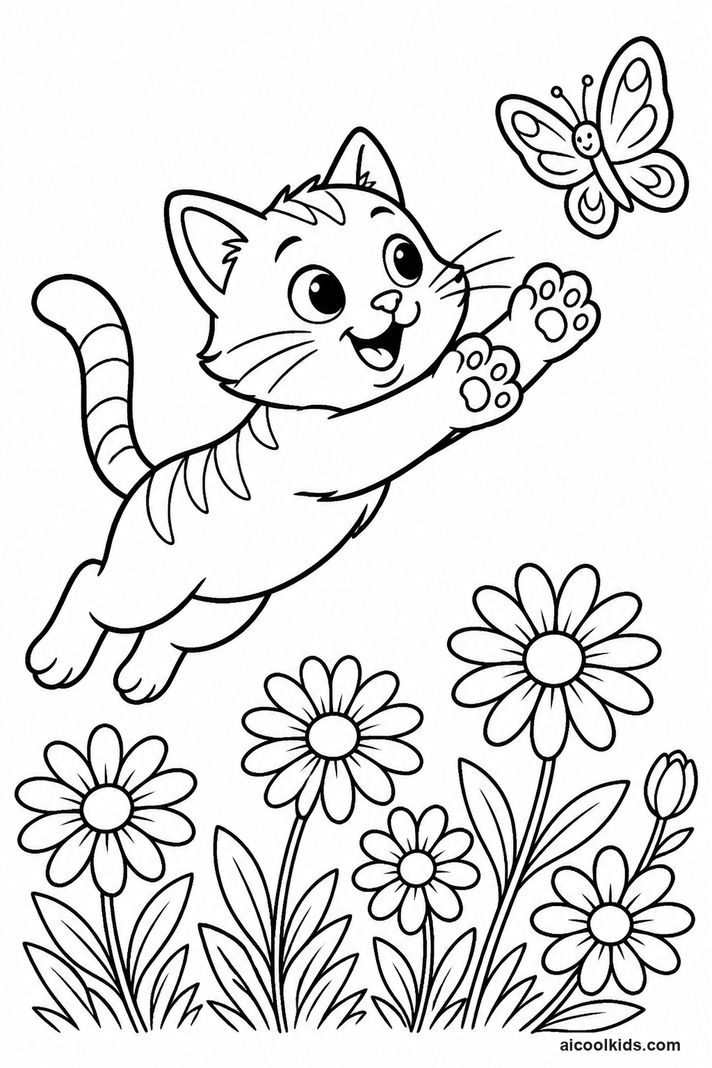 Cat Chasing Fluttering Butterfly in Spring Garden free printable activity sheet