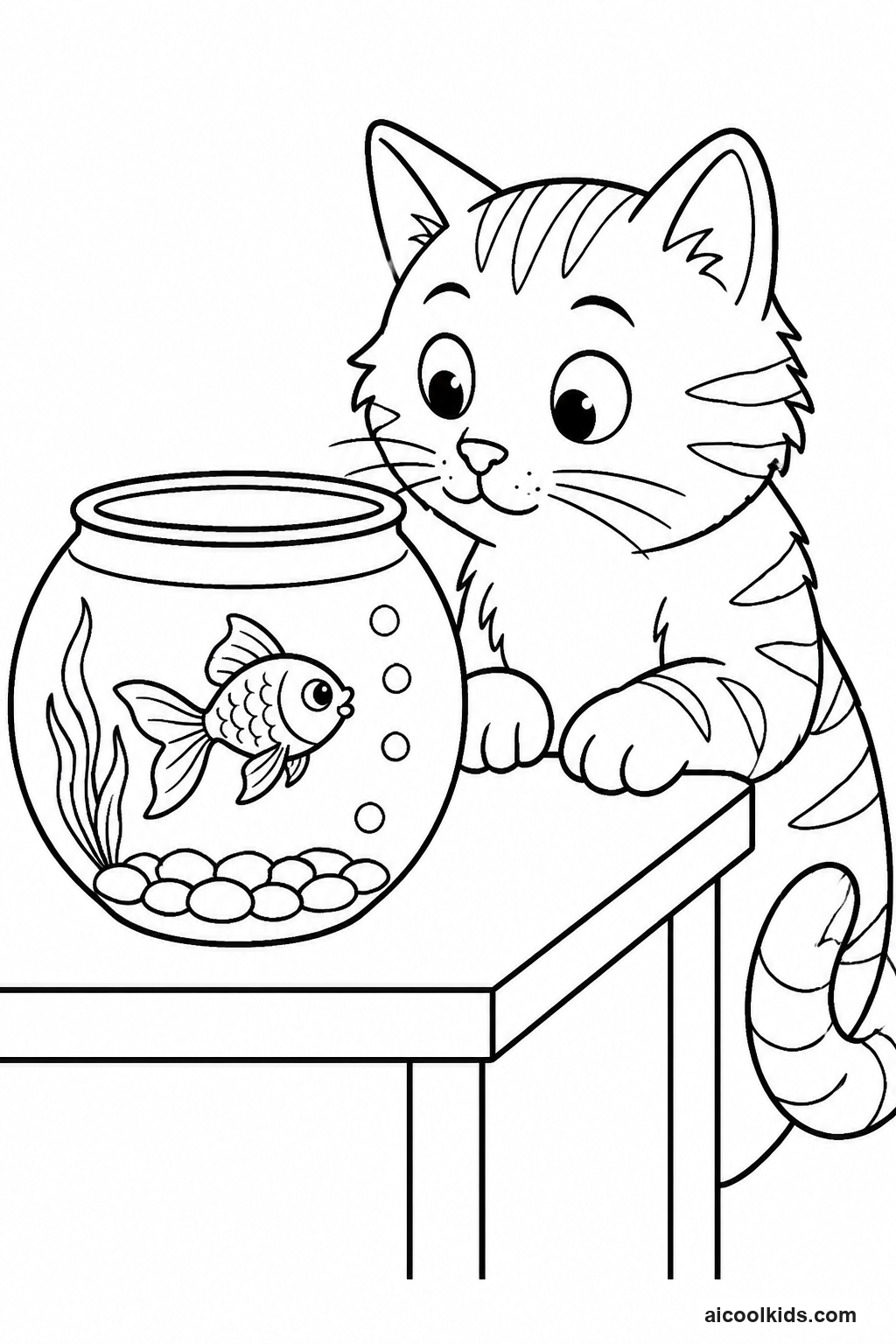 Ginger Cat Watching Fish in Round Glass Bowl free printable activity sheet