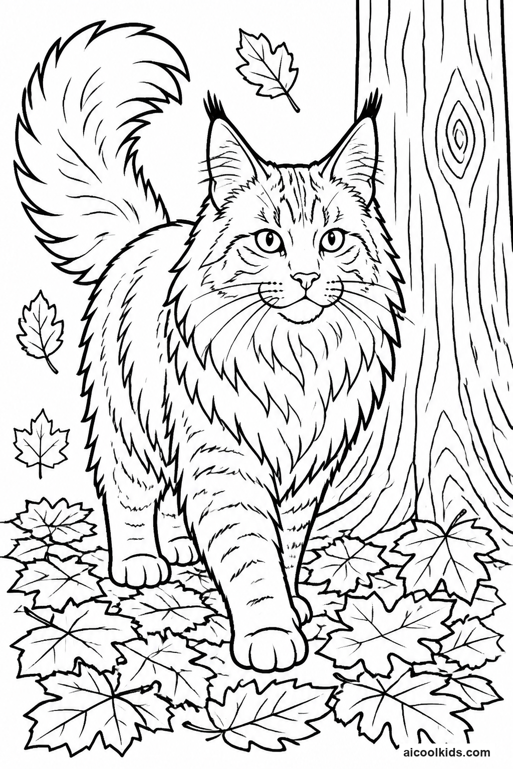 Maine Coon Cat with Magnificent Bushy Tail in Forest free printable activity sheet