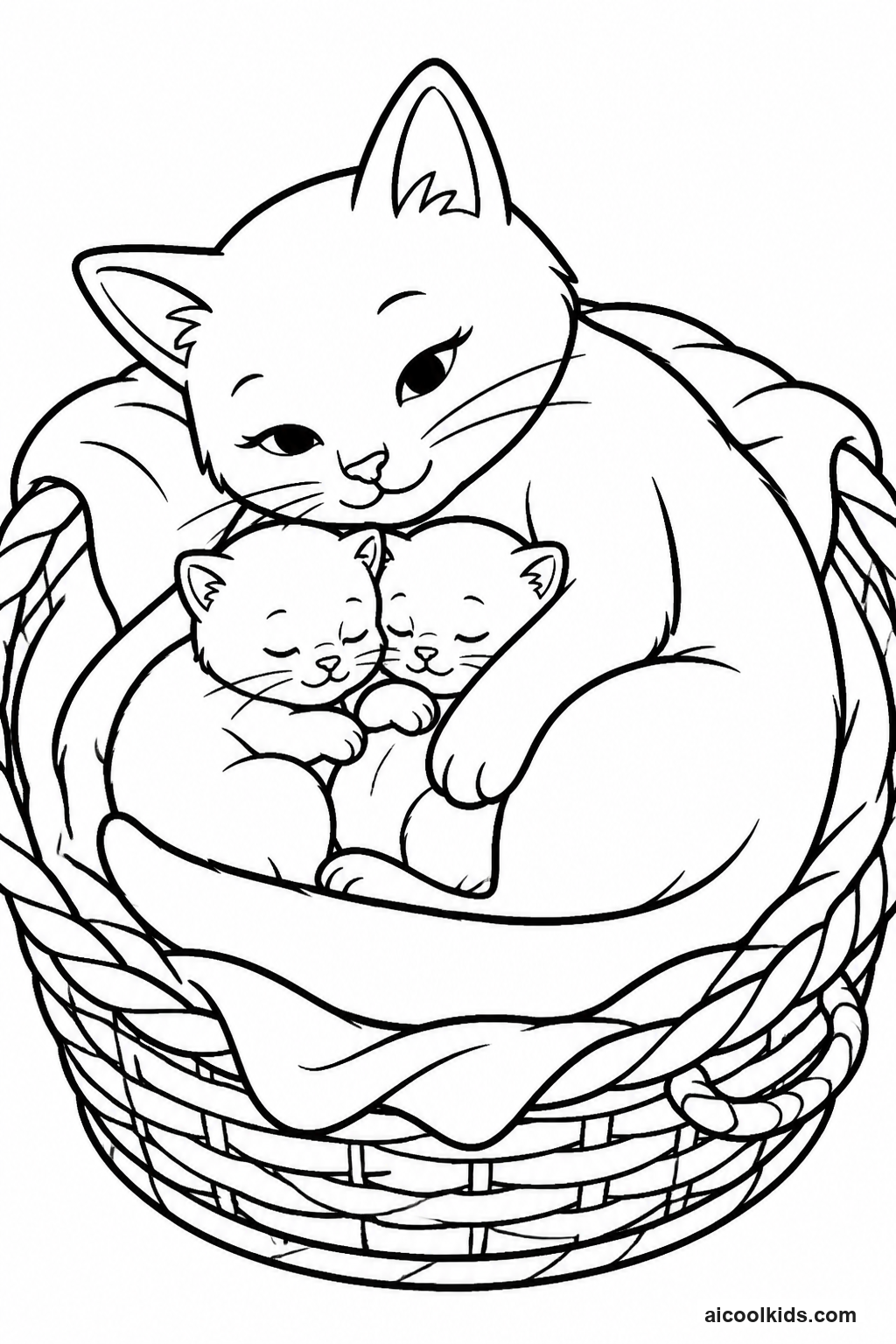 Mother Cat Nurturing Two Cuddling Kittens in Basket free printable activity sheet