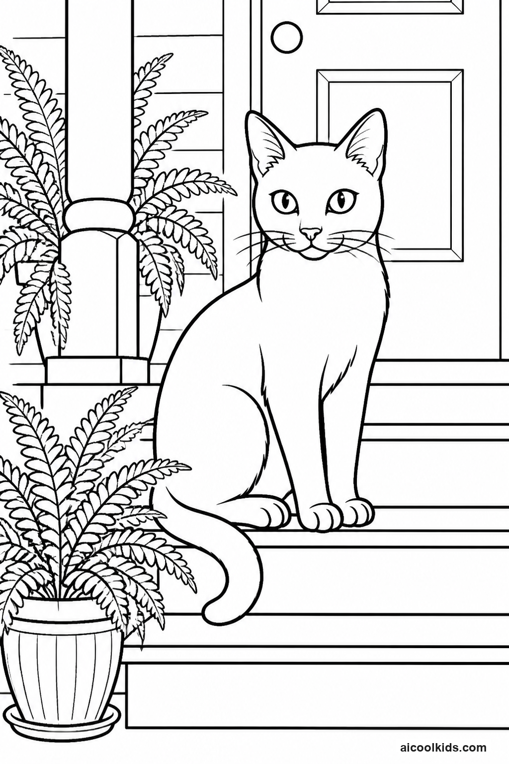 Mysterious Black Cat with Expressive Eyes on Porch free printable activity sheet