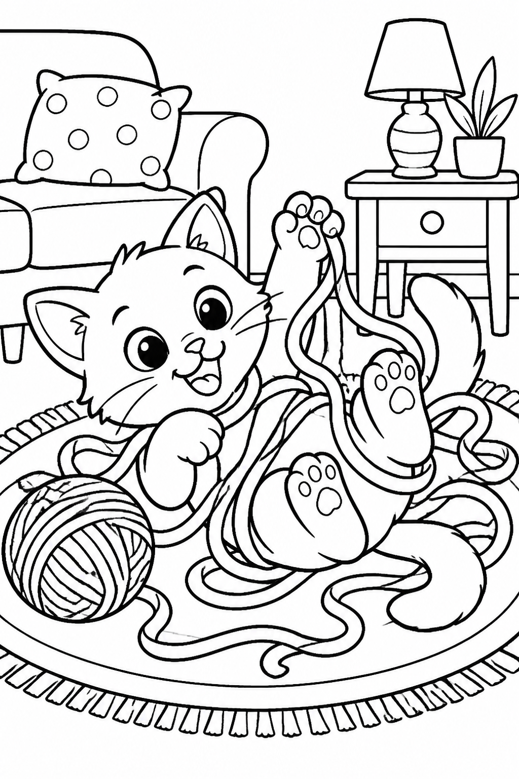 Playful Kitten Tangles in Ball of Knitting Yarn free printable activity sheet