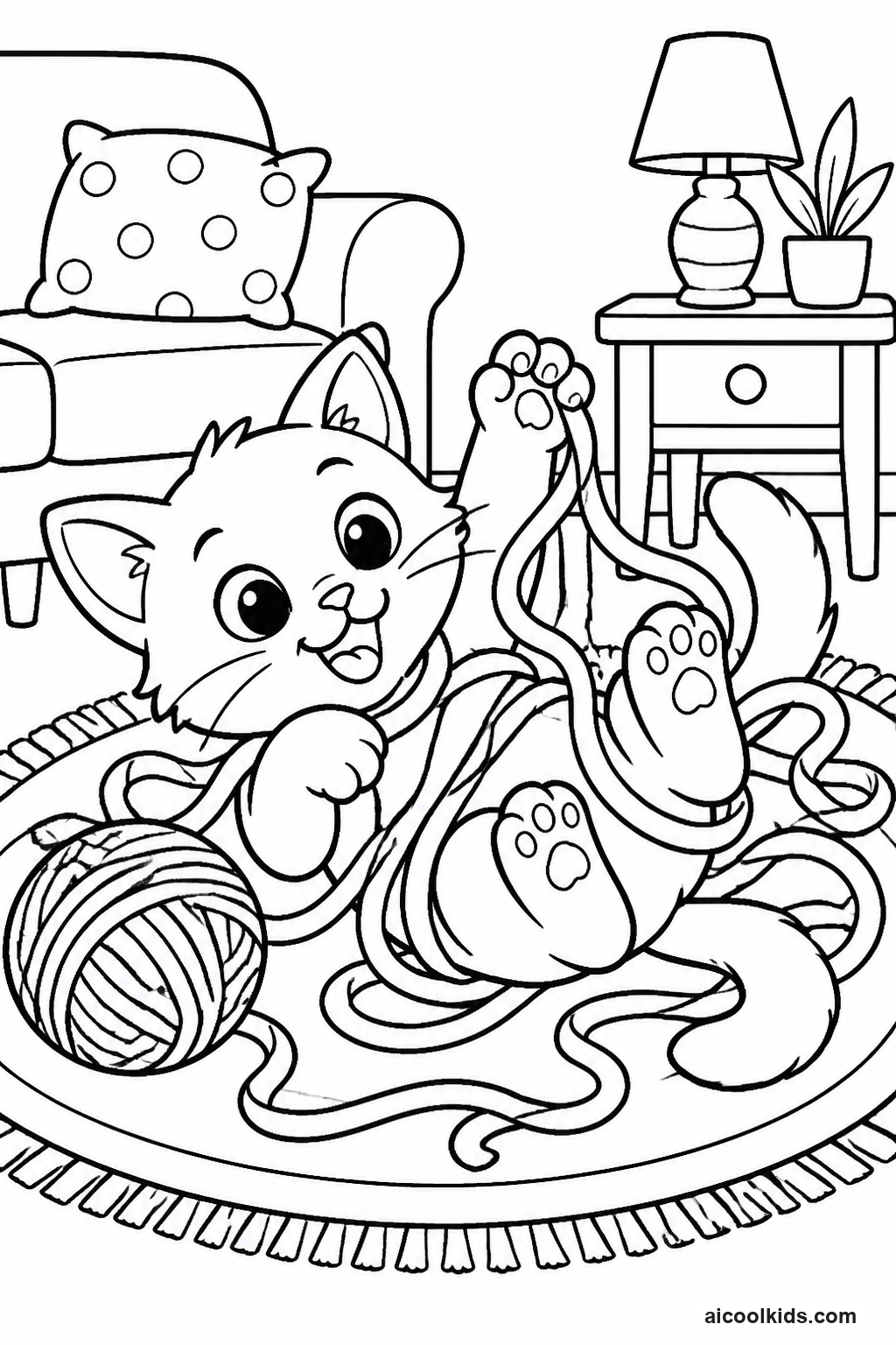 Playful Kitten Tangles in Ball of Knitting Yarn free printable activity sheet
