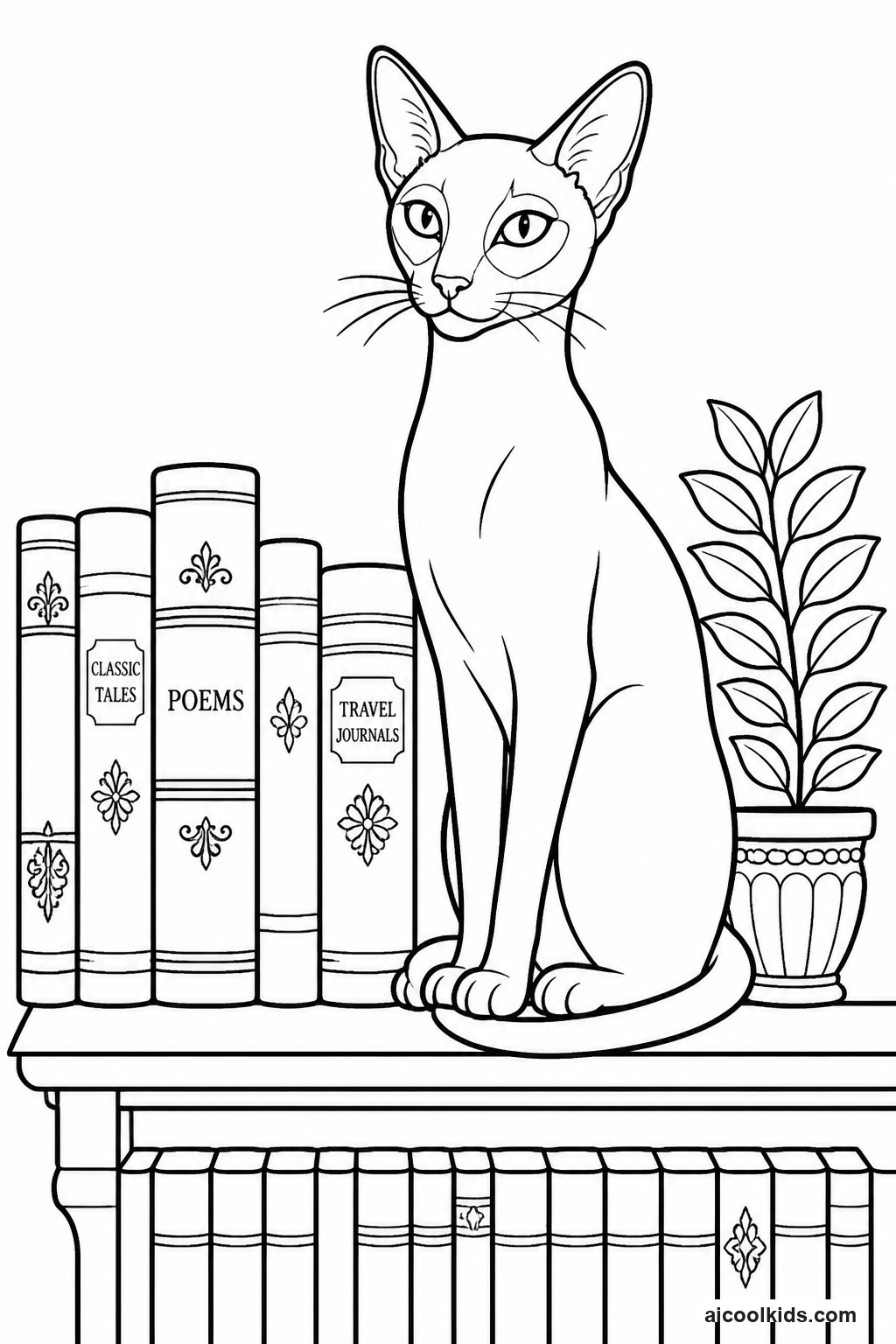 Siamese Cat Sitting Gracefully on Bookshelf free printable activity sheet