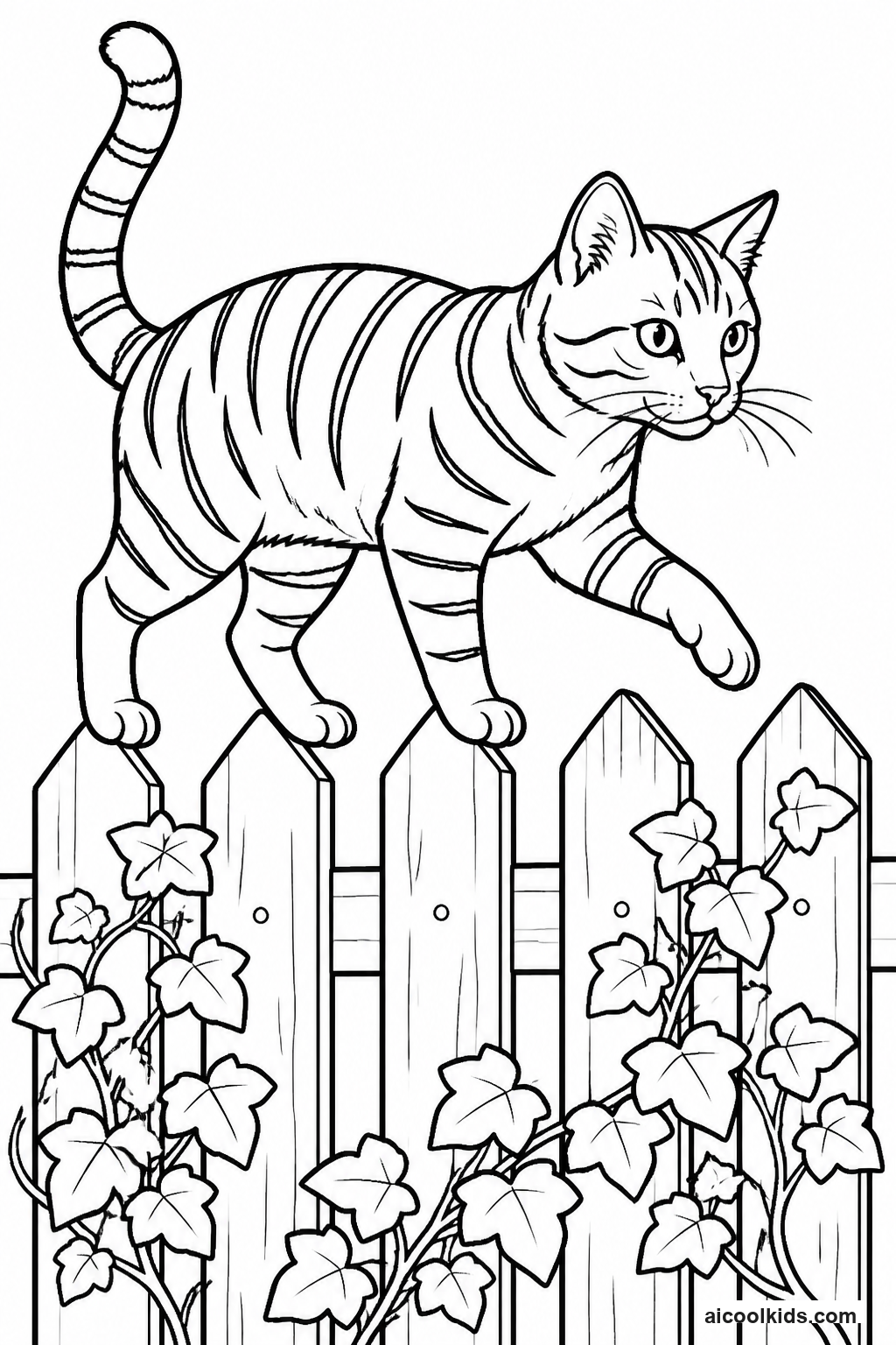 Tabby Cat Balancing on Wooden Garden Fence free printable activity sheet