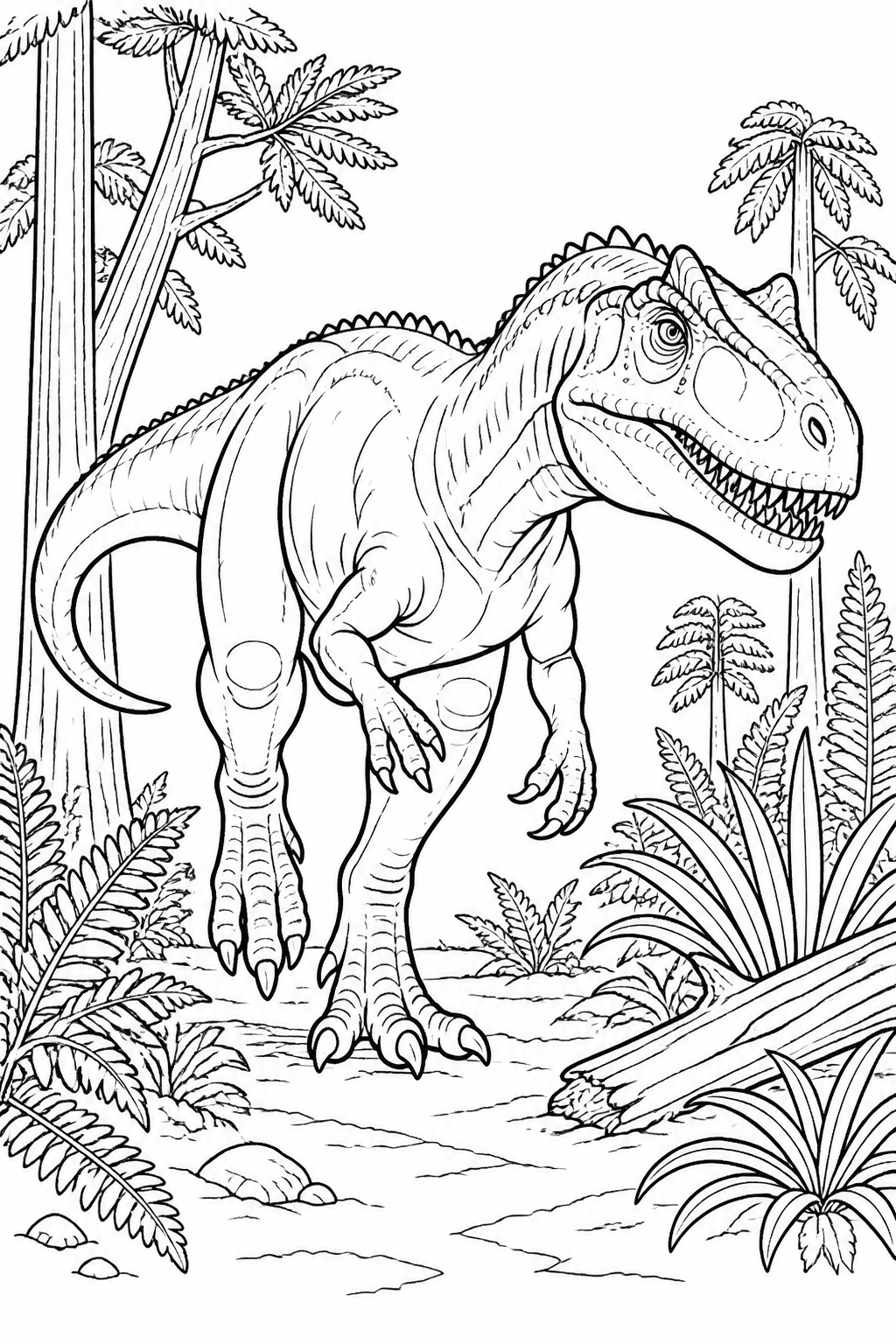 Allosaurus Hunting in Jurassic Forest Clearing free printable activity sheet
