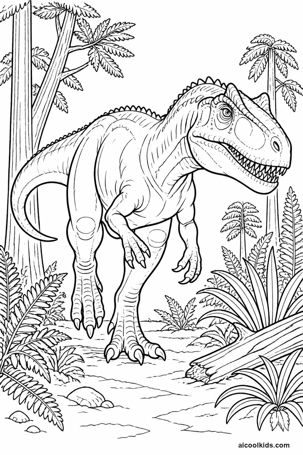 Allosaurus Hunting in Jurassic Forest Clearing free printable activity sheet