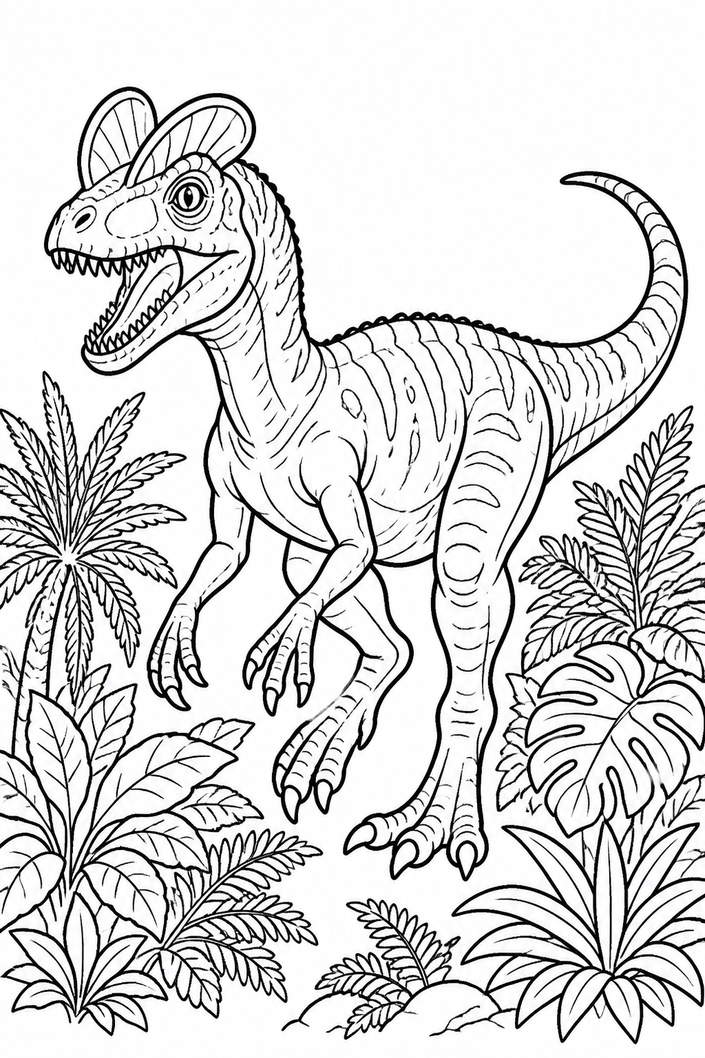 Dilophosaurus with Dual Head Crests in Rainforest free printable activity sheet
