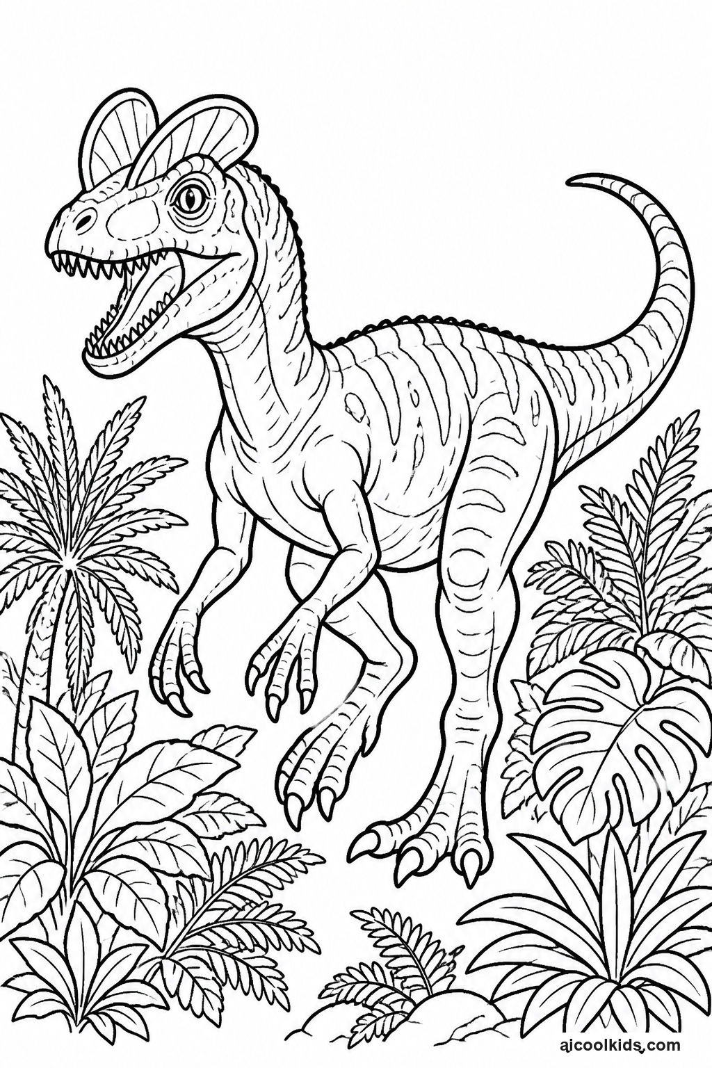 Dilophosaurus with Dual Head Crests in Rainforest free printable activity sheet