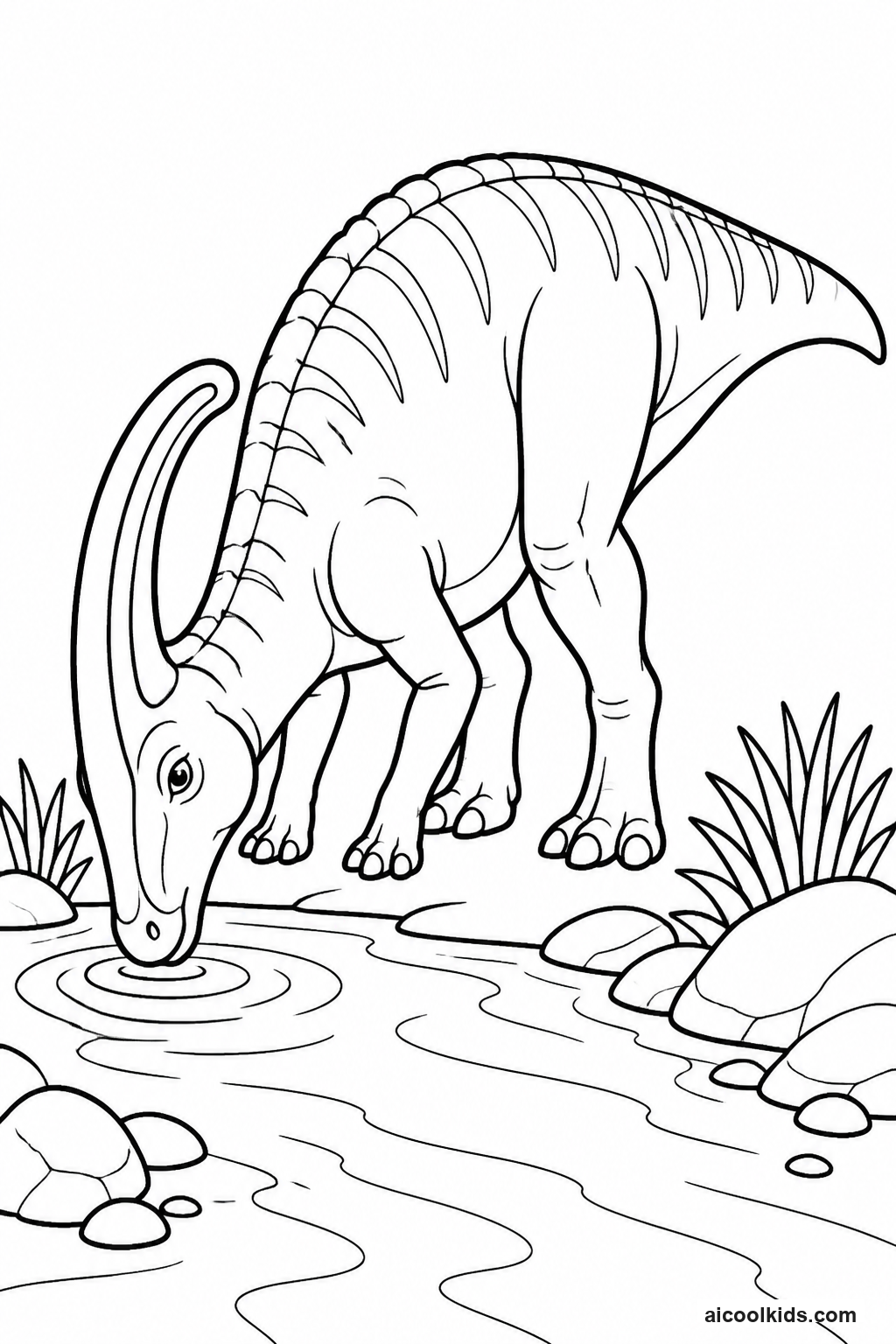 Parasaurolophus with Curved Head Crest Near Stream free printable activity sheet