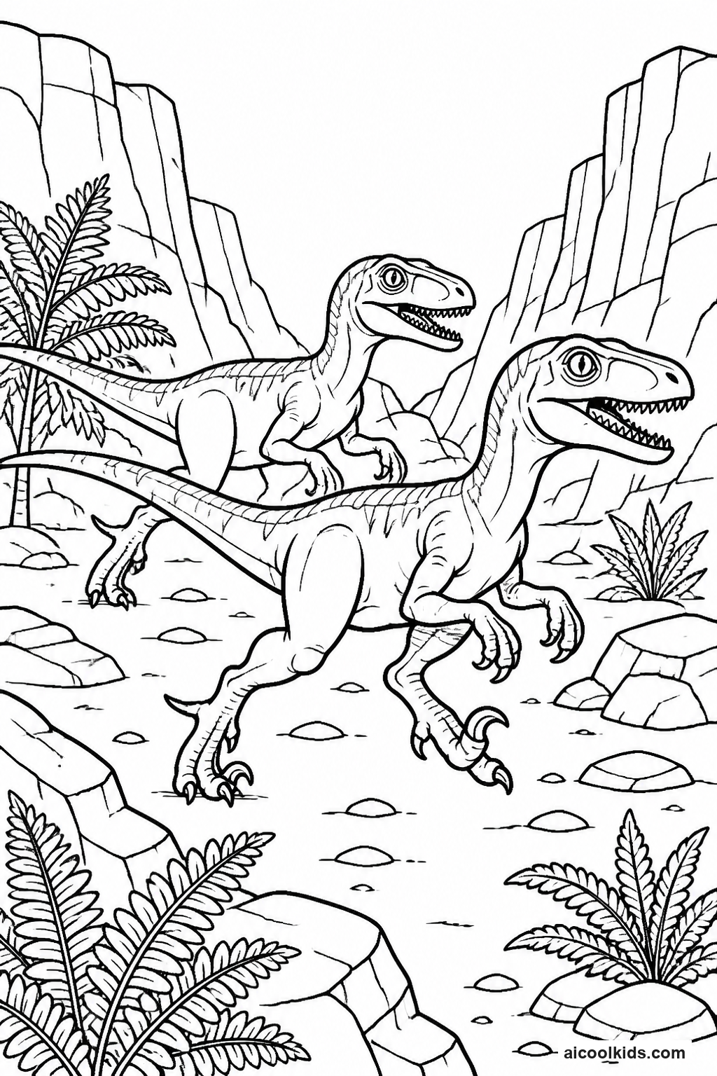 Velociraptor Pack Running Across Rocky Desert free printable activity sheet