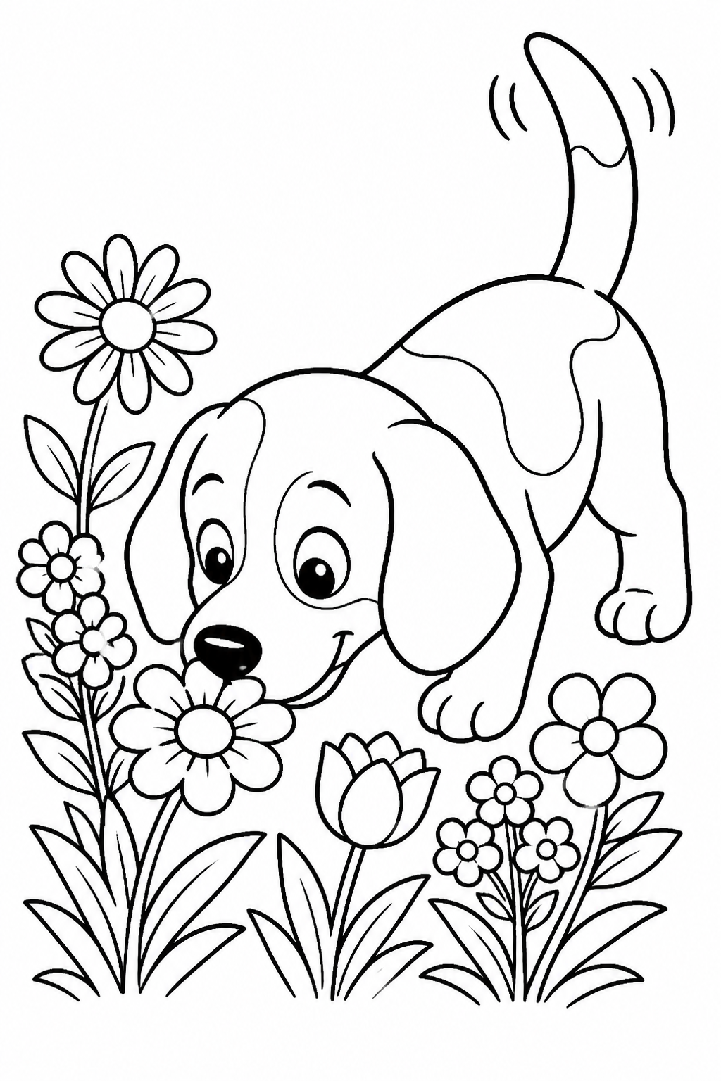 Beagle Sniffing Scent in Flower Garden free printable activity sheet