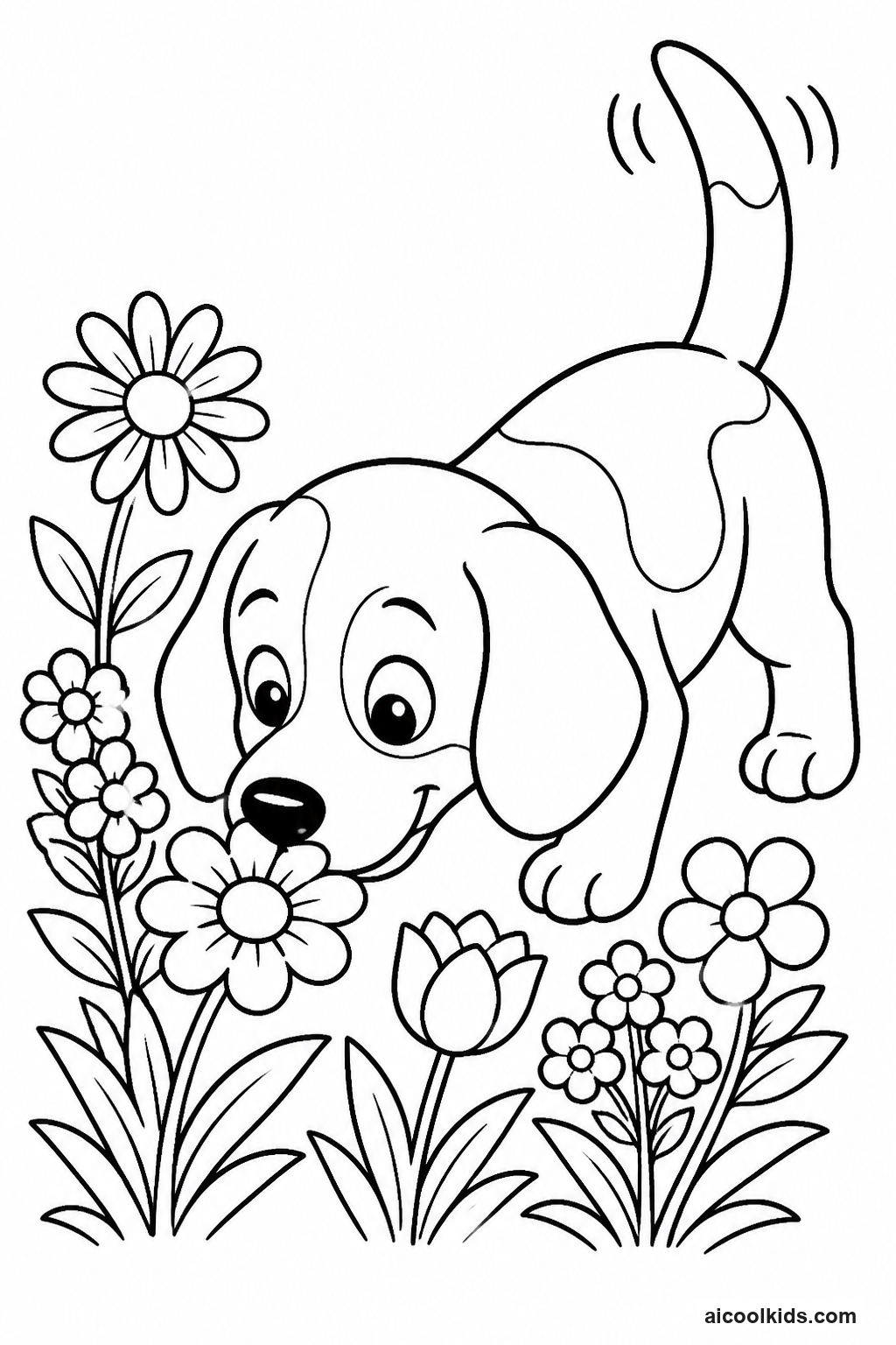 Beagle Sniffing Scent in Flower Garden free printable activity sheet