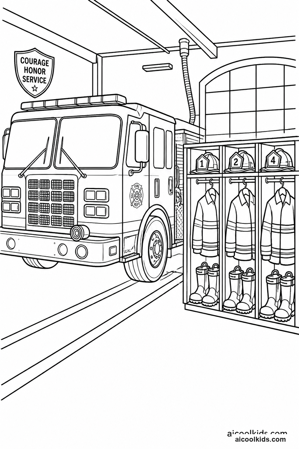 Fire Station Garage Bay with Engine Ready free printable activity sheet
