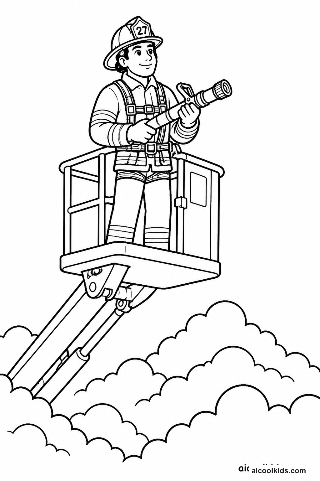 Firefighter in Elevated Aerial Bucket free printable activity sheet
