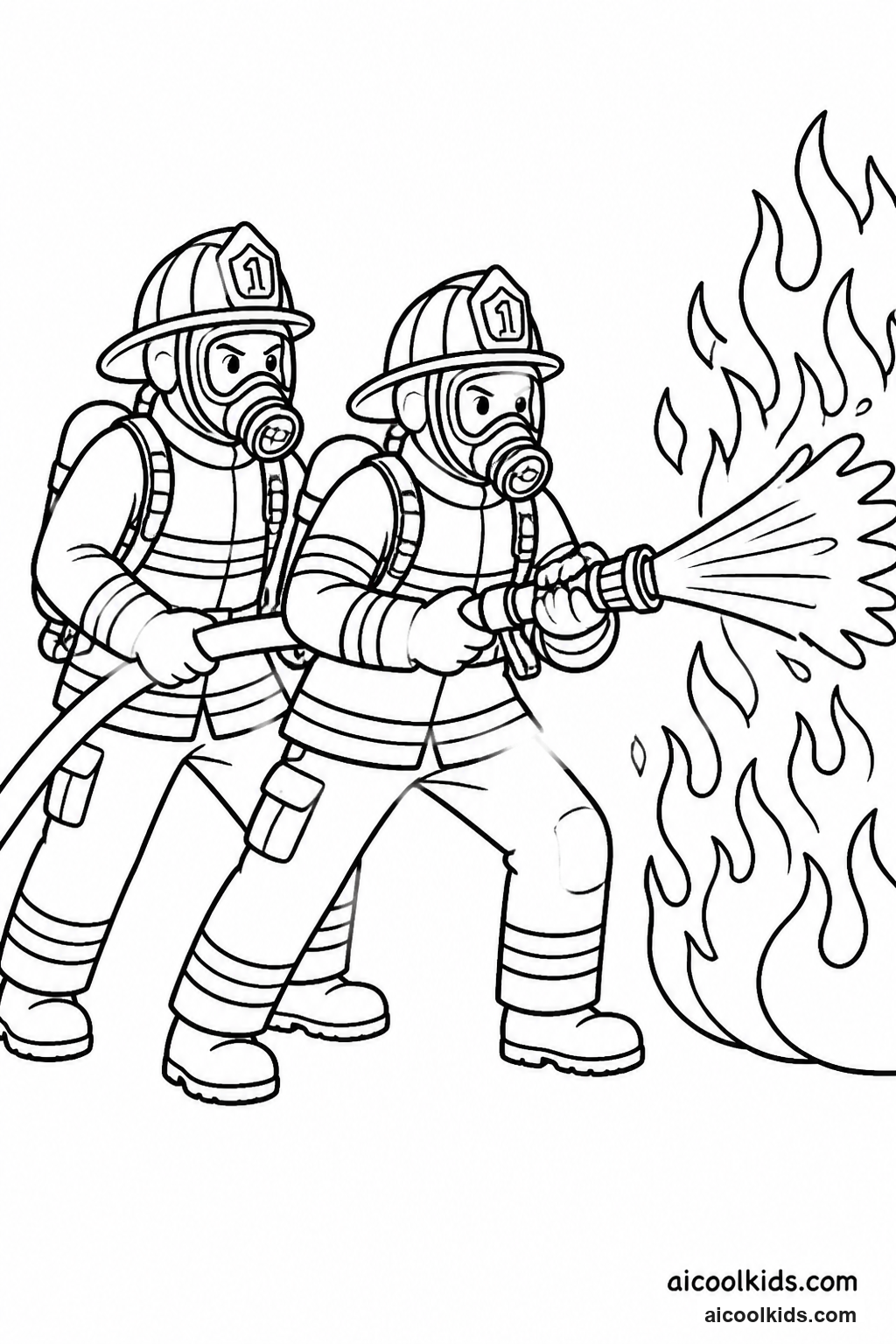Firefighters Extinguishing Practice Blaze with Hose free printable activity sheet