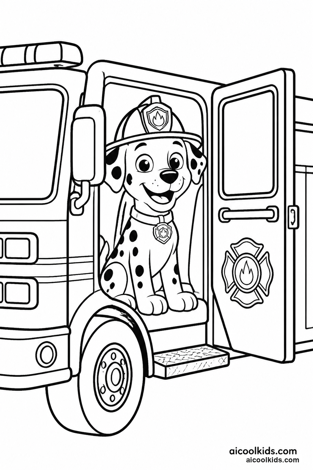 Friendly Firehouse Dalmatian in Engine Cab free printable activity sheet