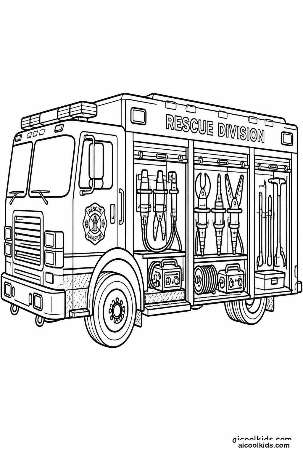 Heavy Rescue Squad Truck with Rescue Tools free printable activity sheet