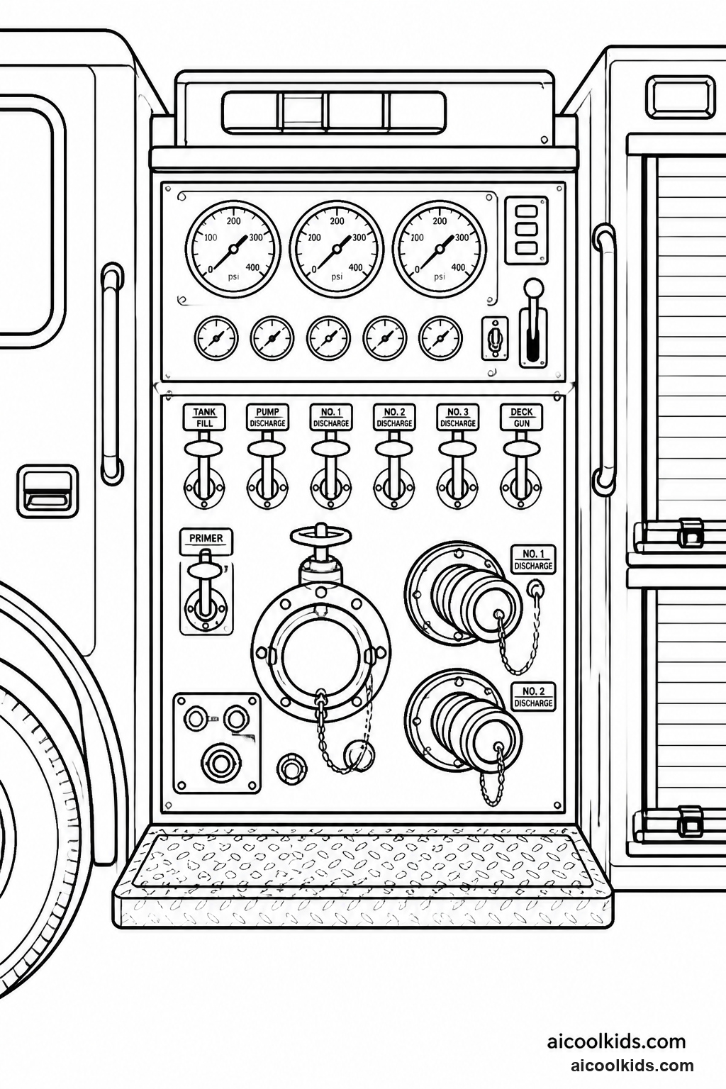 Pumper Fire Truck Control Panel with Gauges free printable activity sheet