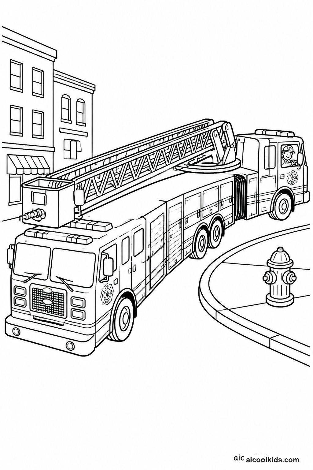Tiller Ladder Truck with Rear Steering Cab free printable activity sheet