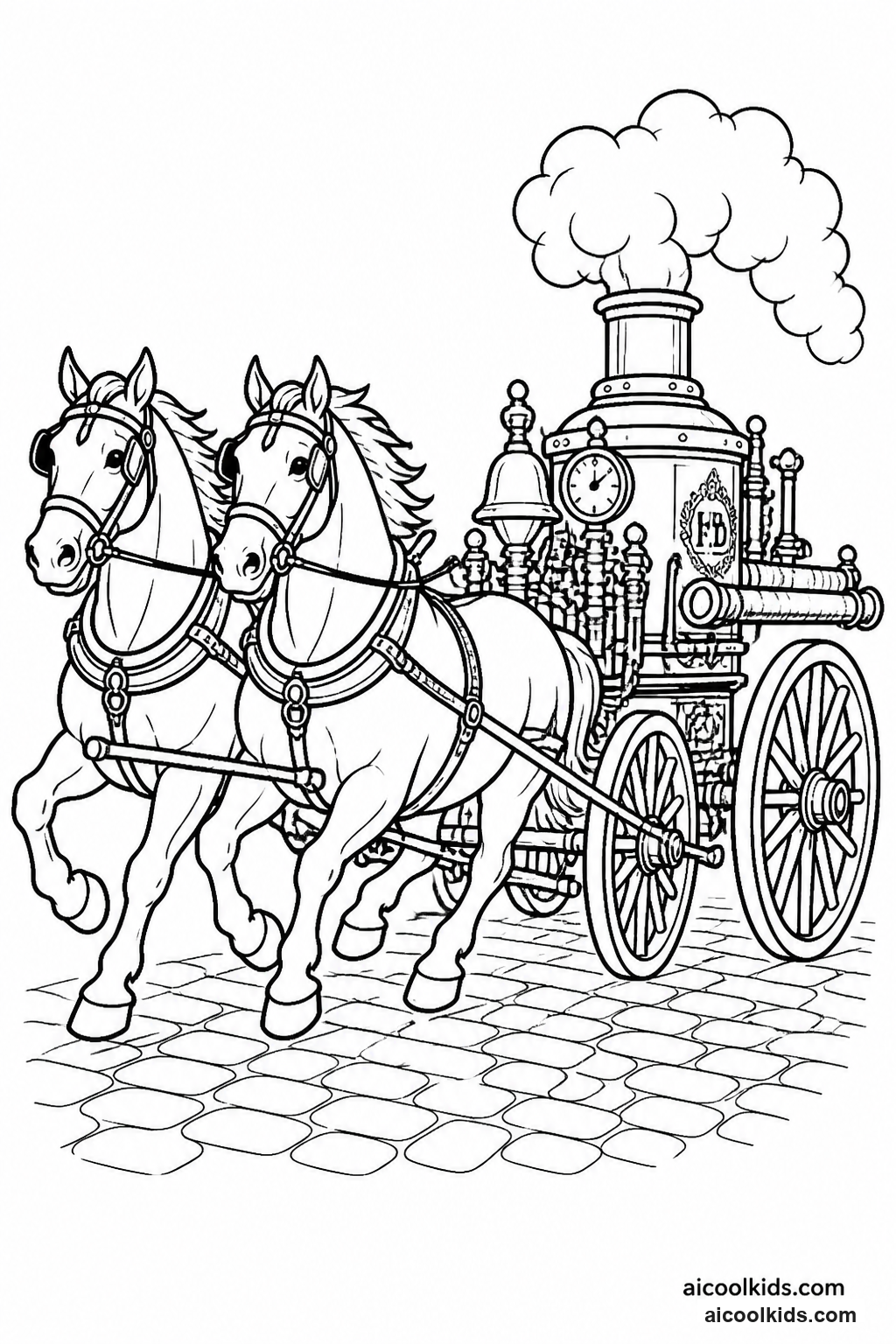 Vintage Horse-Drawn Steam Fire Pumper free printable activity sheet