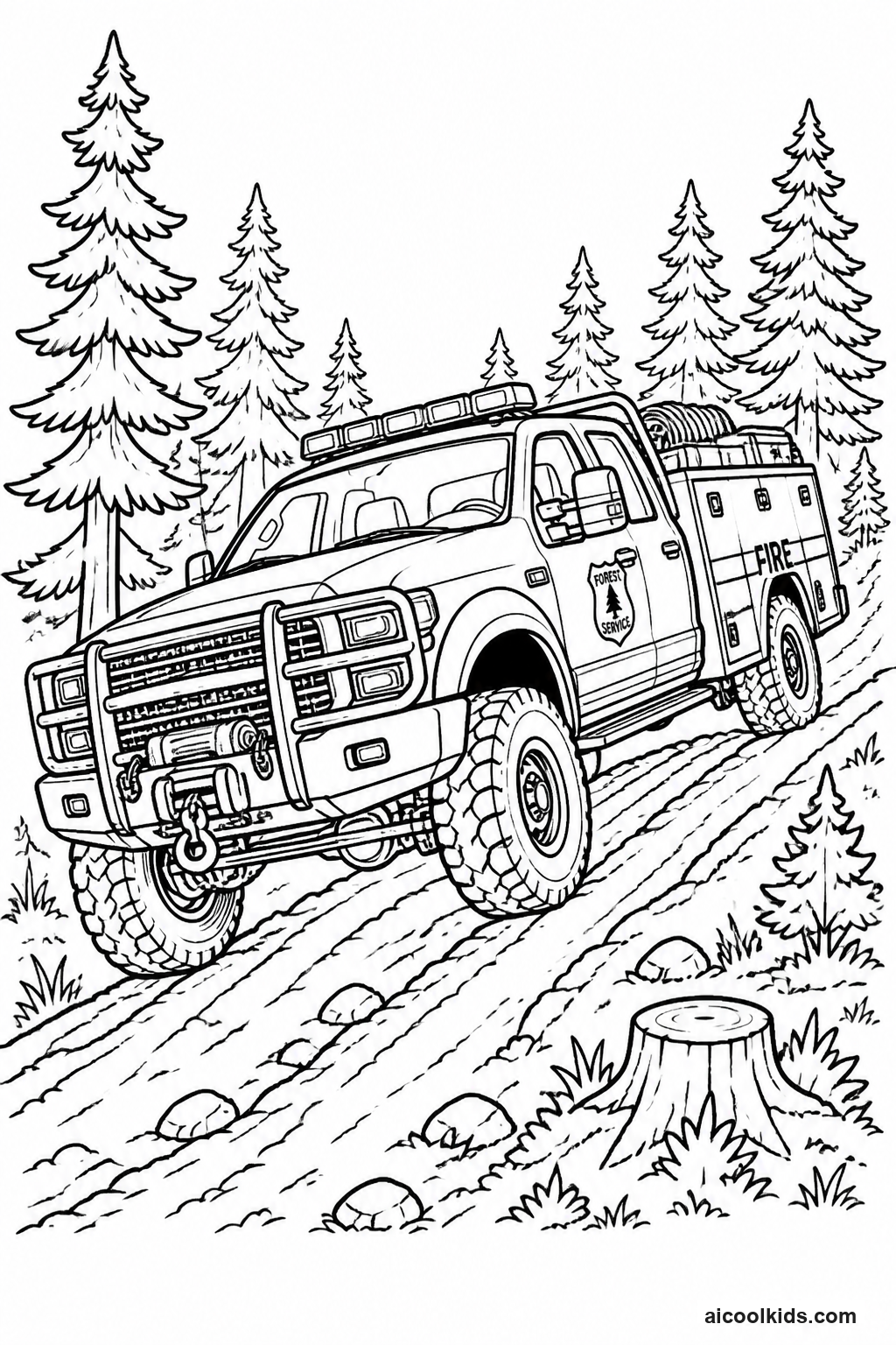 Wildland Brush Fire Truck on Forest Road free printable activity sheet