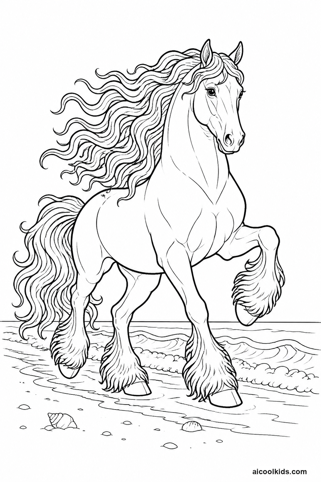 Black Friesian Horse Cantering on Beach free printable activity sheet