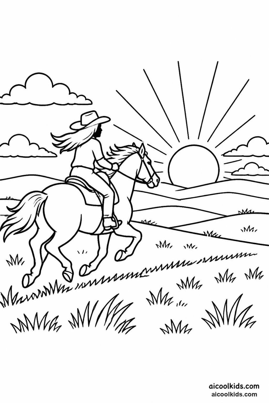 Horse and Rider Galloping Toward Sunset free printable activity sheet