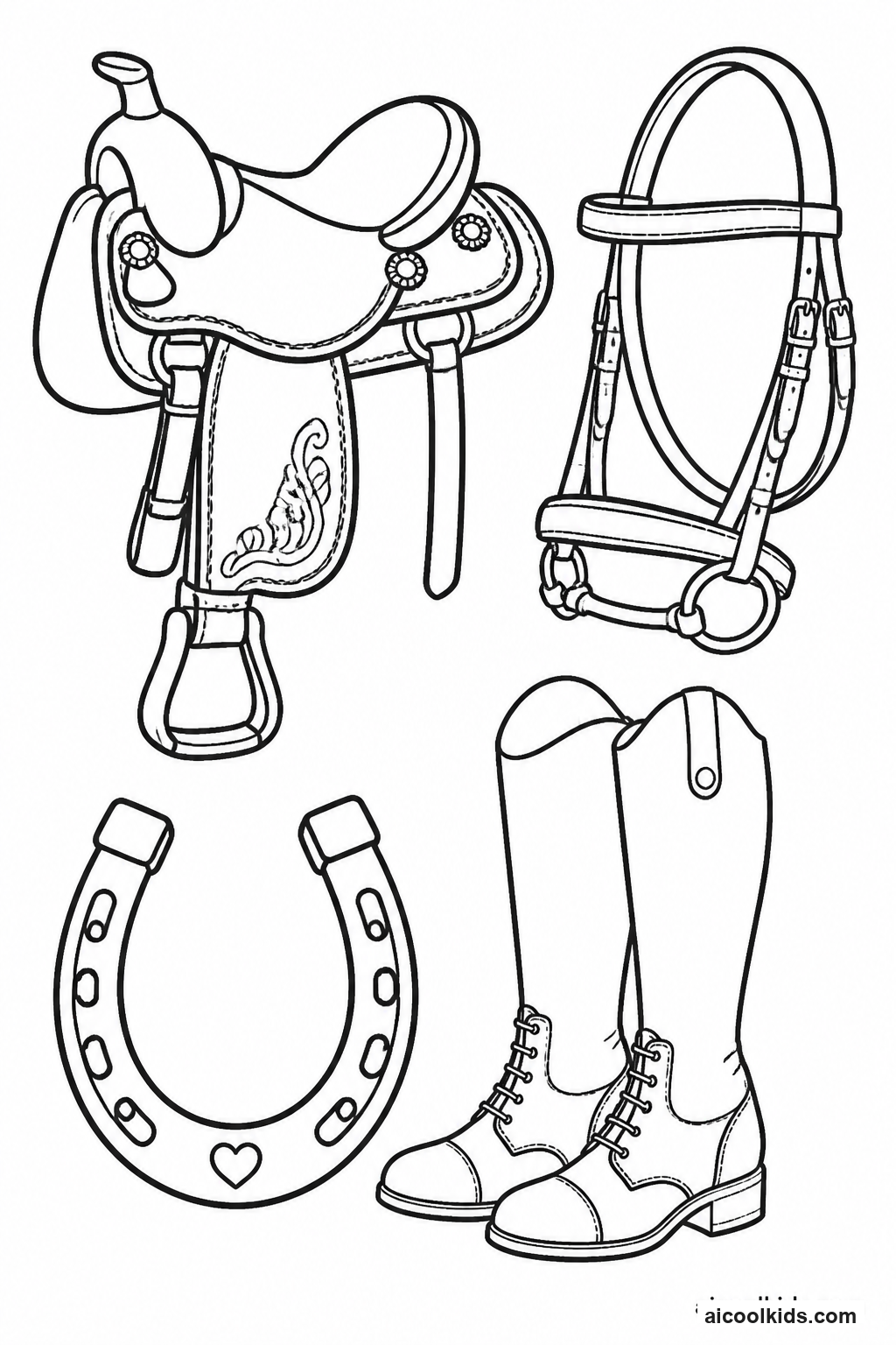 Horse Tack Showcase with Saddle and Horseshoe free printable activity sheet