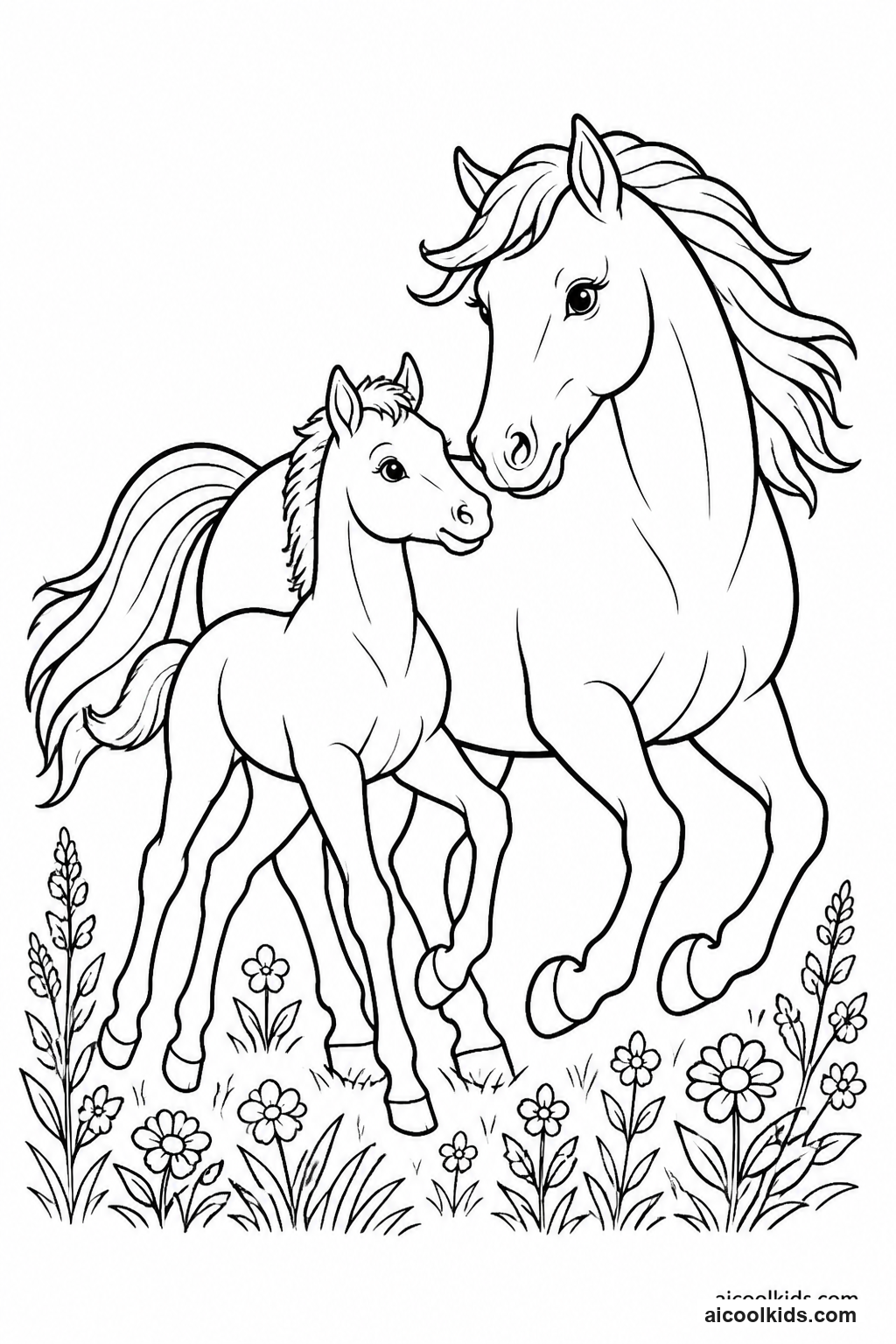 Playful Young Foal Running Beside Mother free printable activity sheet