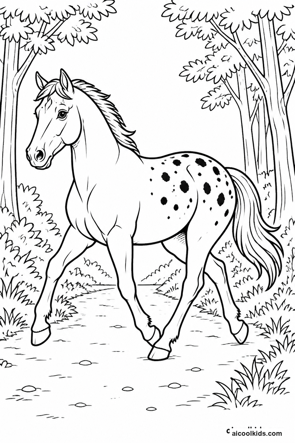 Spotted Appaloosa Horse on Woodland Trail free printable activity sheet