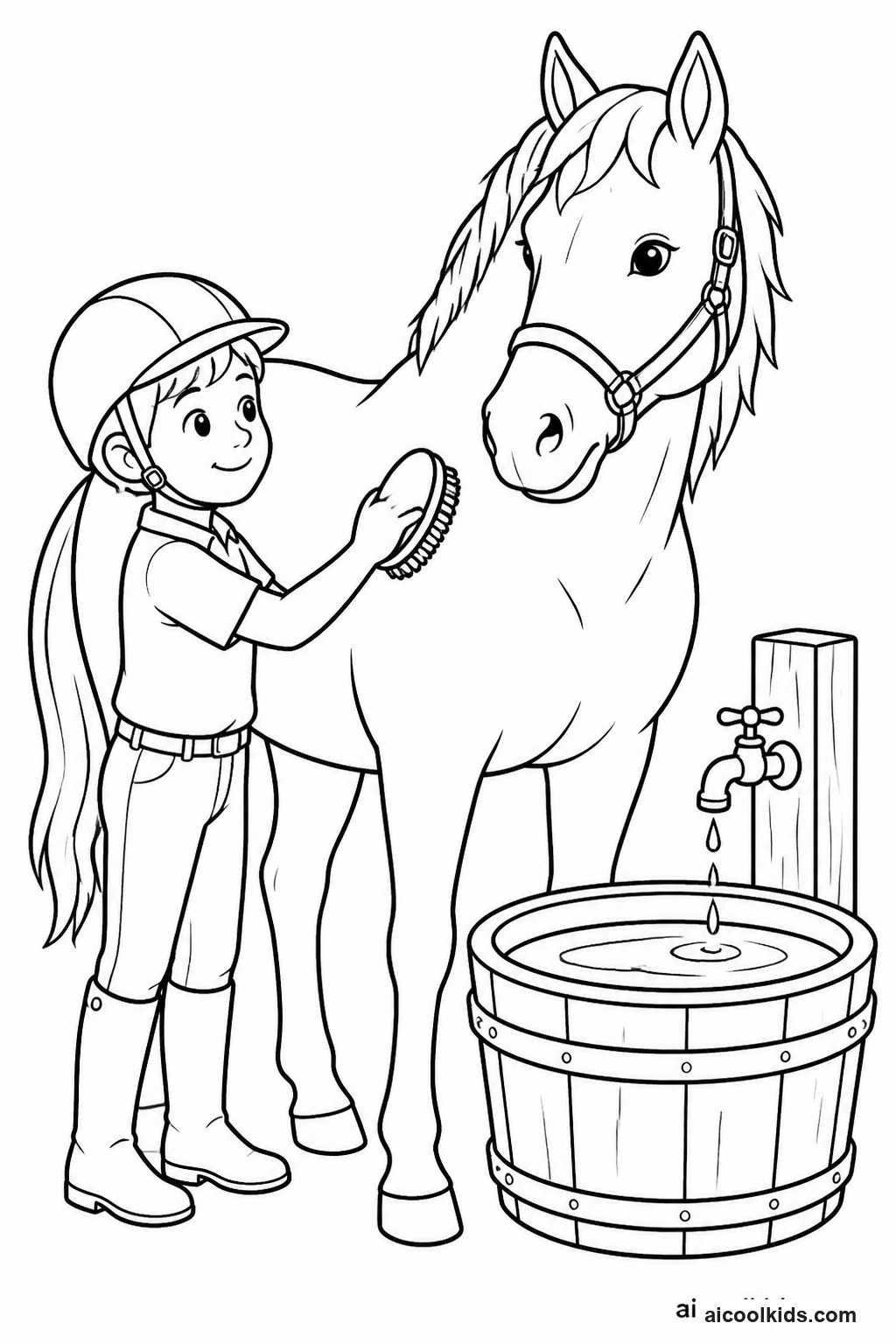 Young Rider Brushing Horse Coat in Stable Yard free printable activity sheet