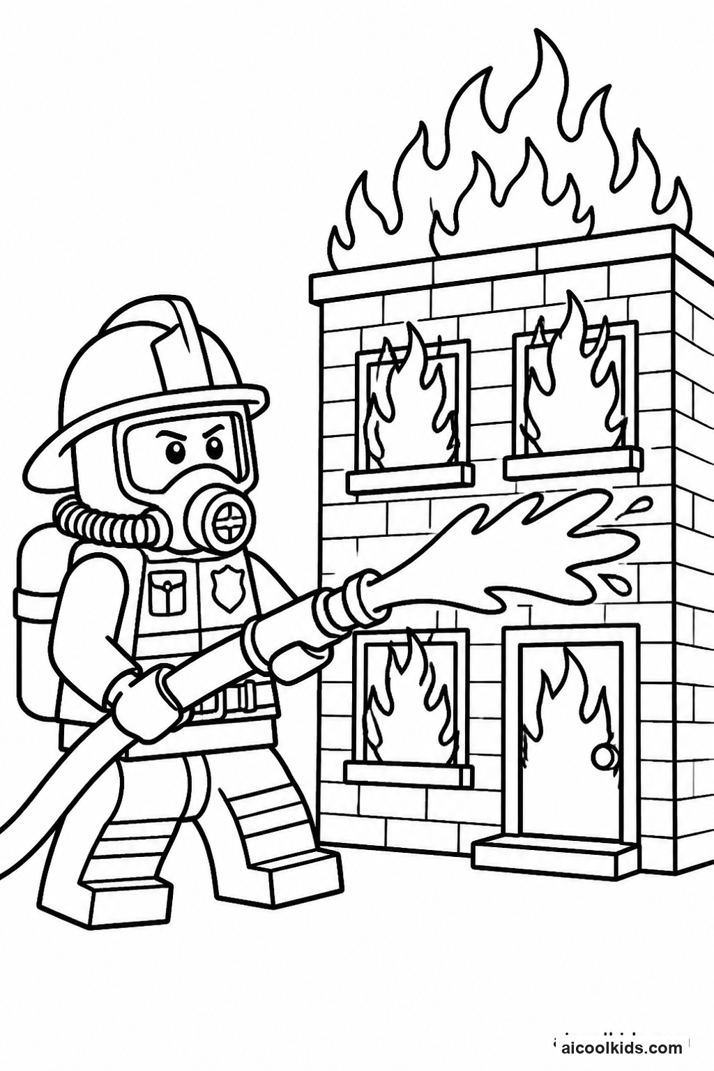Brave Lego Firefighter Extinguishing Fire free printable activity sheet