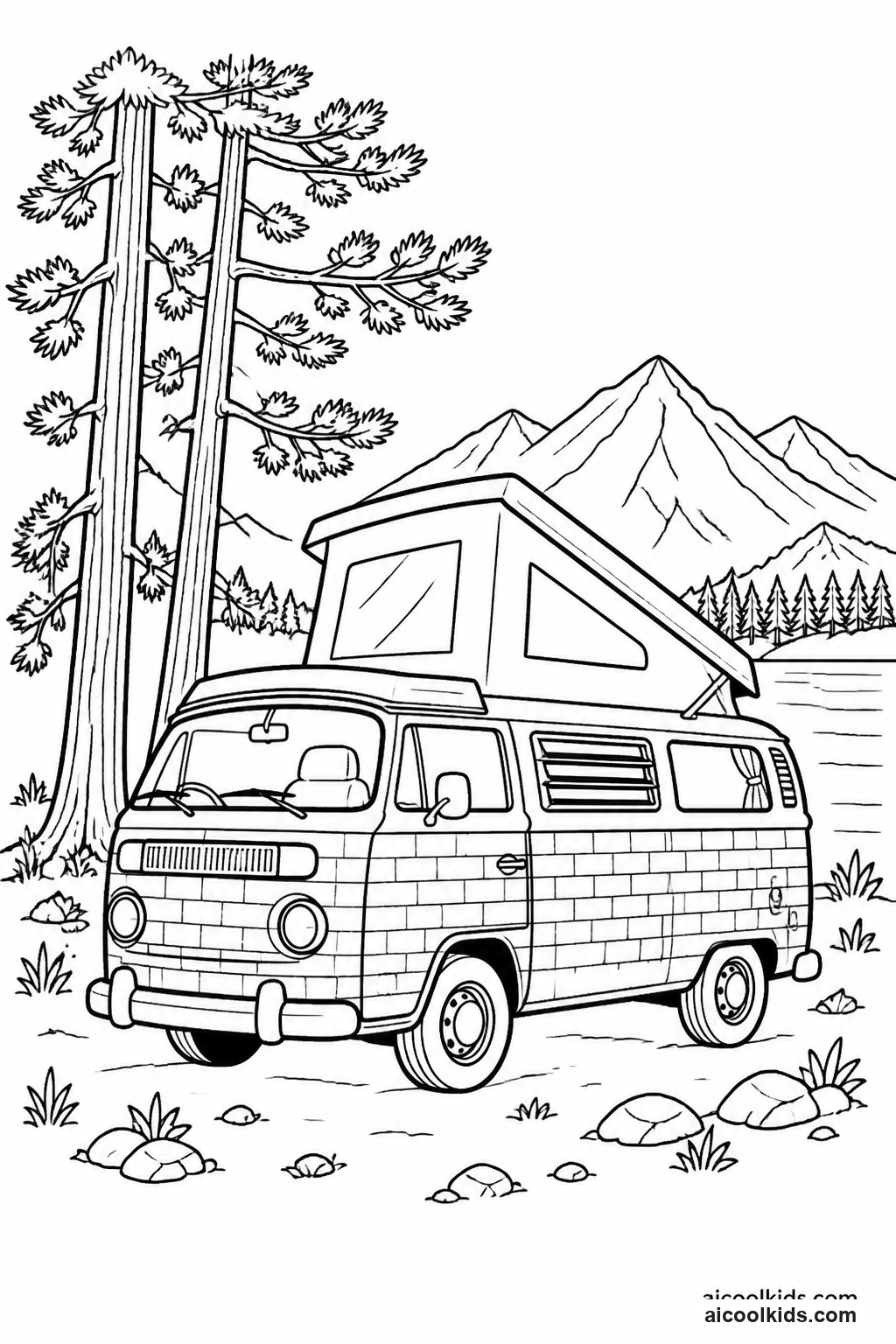 Lego Camper Van Parked by Pine Lake free printable activity sheet