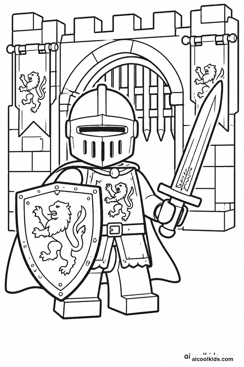 Lego Castle Knight with Lion Shield and Sword free printable activity sheet
