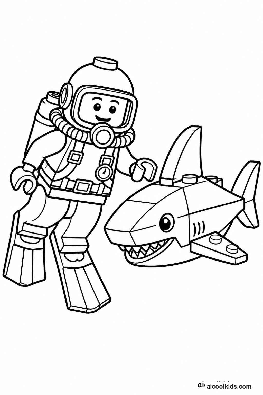 Lego Deep Sea Diver Swimming with Brick Shark free printable activity sheet