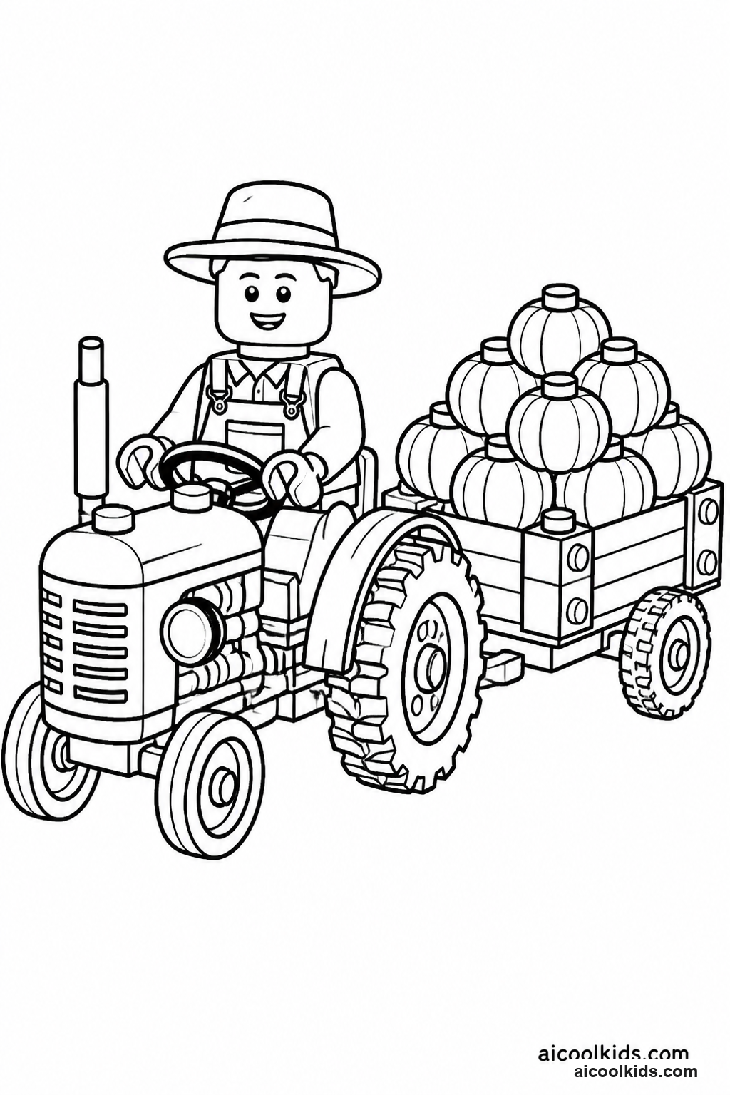 Lego Farmer Harvesting Pumpkins with Tractor free printable activity sheet