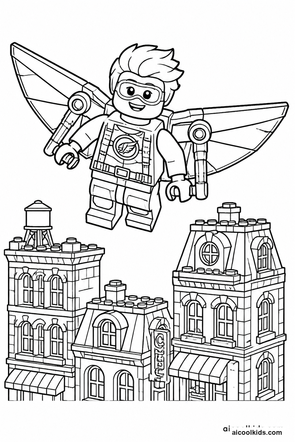 Lego Flying Hero Soaring Above City Skyline free printable activity sheet