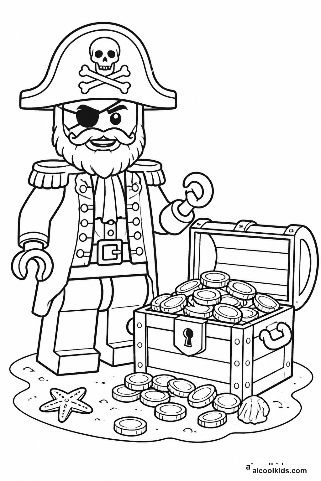 Lego Pirate Captain with Hook and Treasure free printable activity sheet