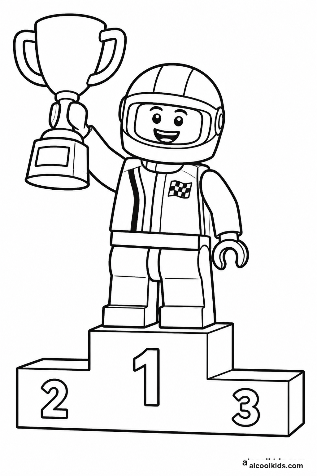 Lego Race Car Driver Celebrating with Trophy free printable activity sheet