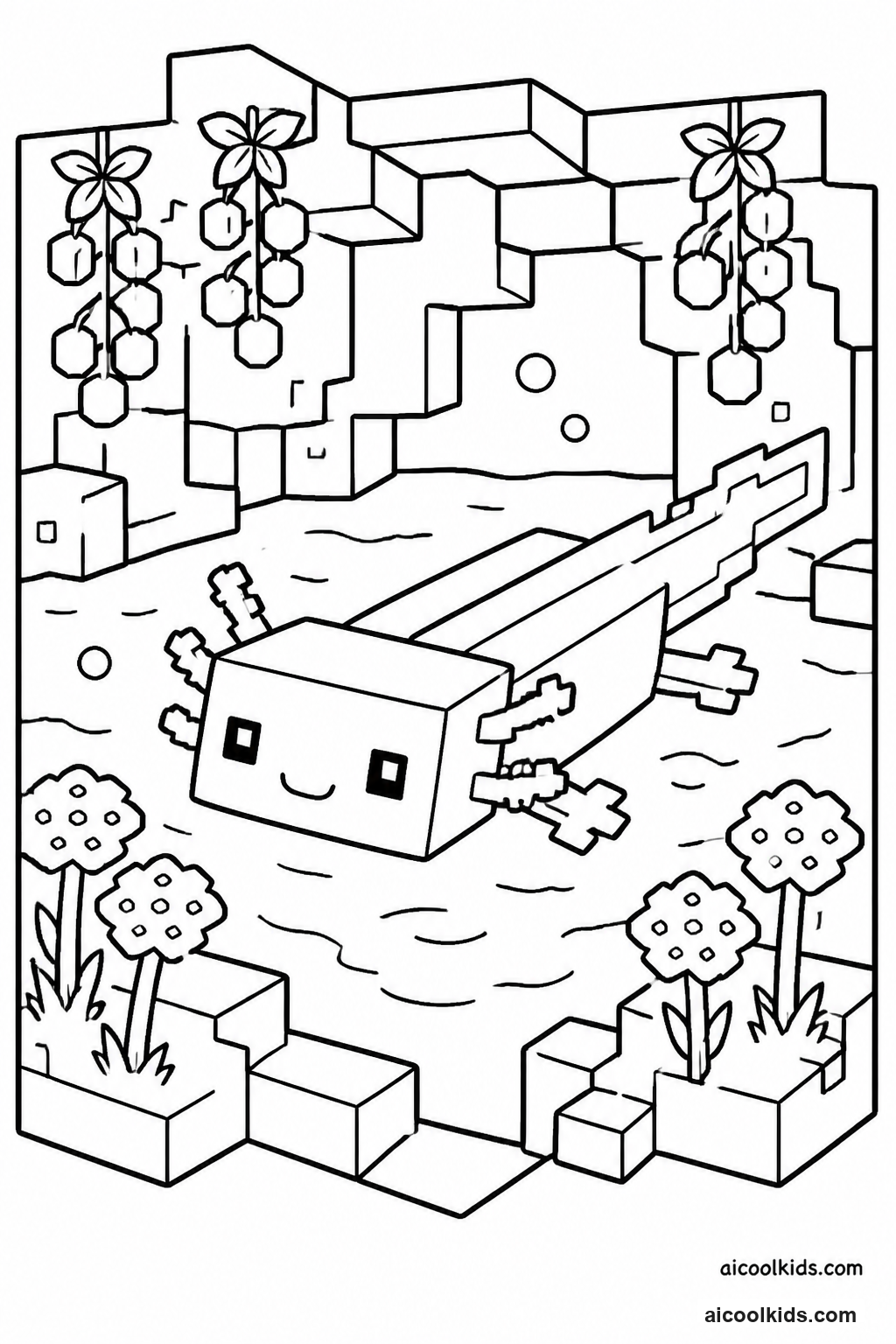 Axolotl Swimming in Lush Cave Water Pool free printable activity sheet
