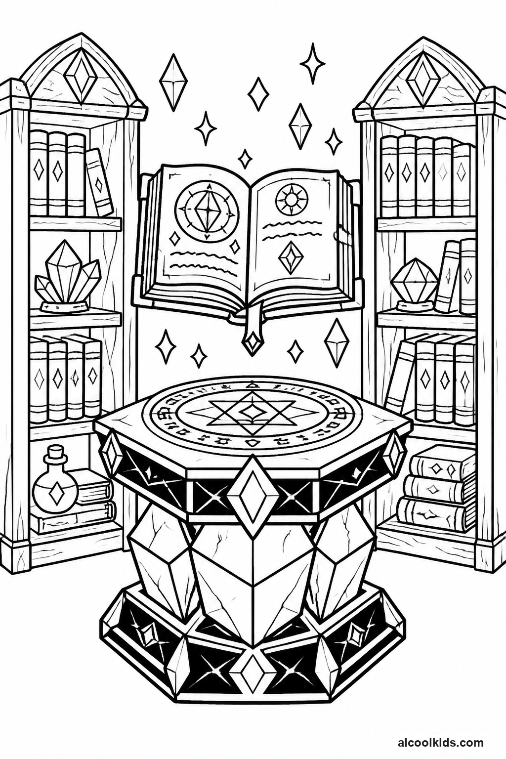 Enchanting Table Surrounded by Bookshelves free printable activity sheet