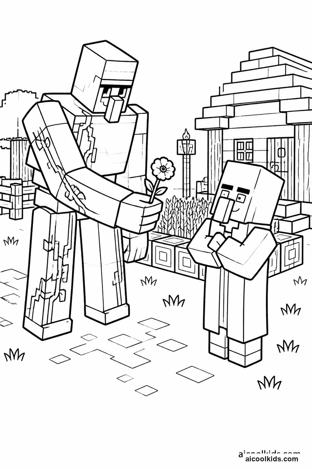 Friendly Iron Golem Holding Poppy Flower free printable activity sheet