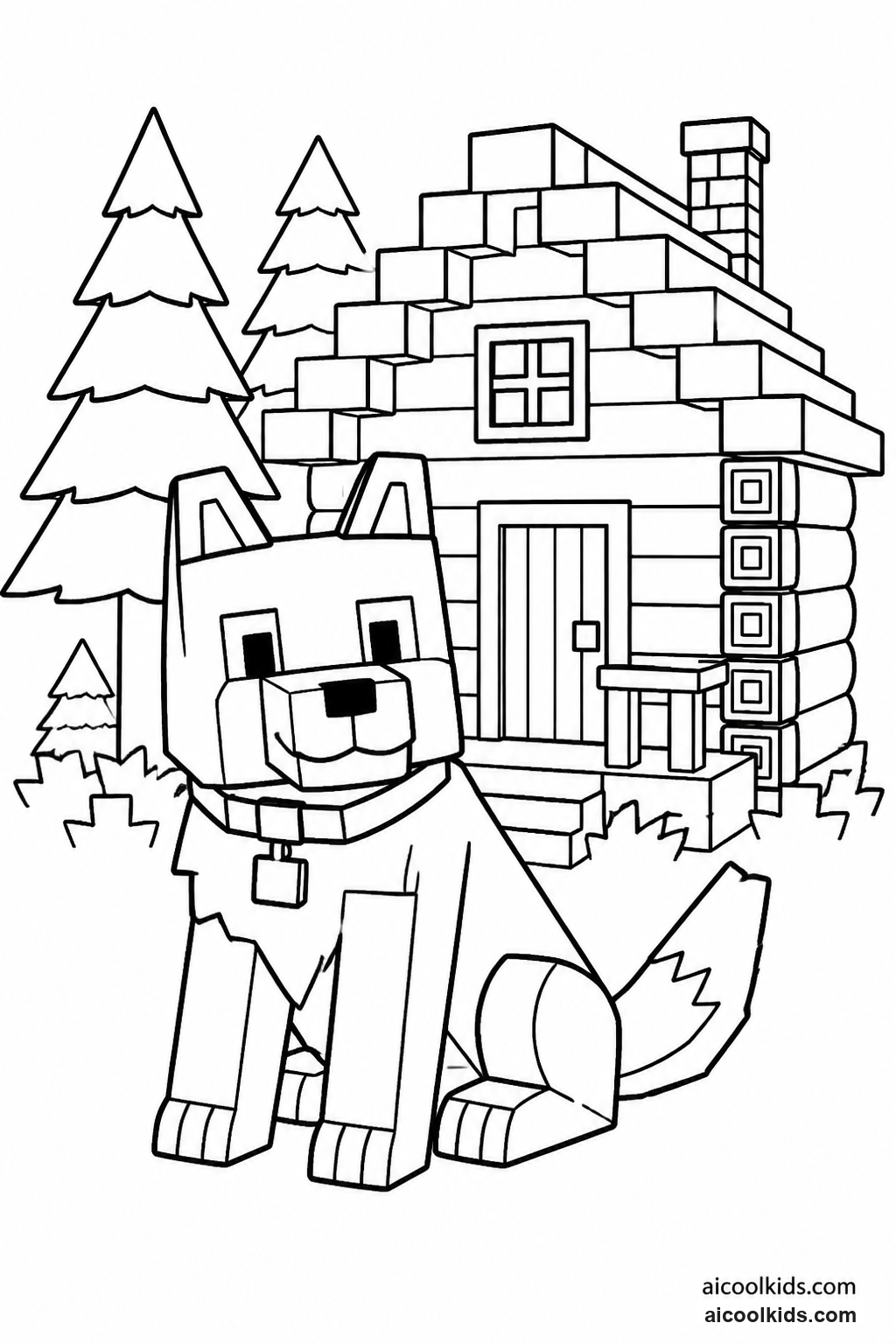Tamed Wolf Companion Sitting by Wooden Cabin free printable activity sheet