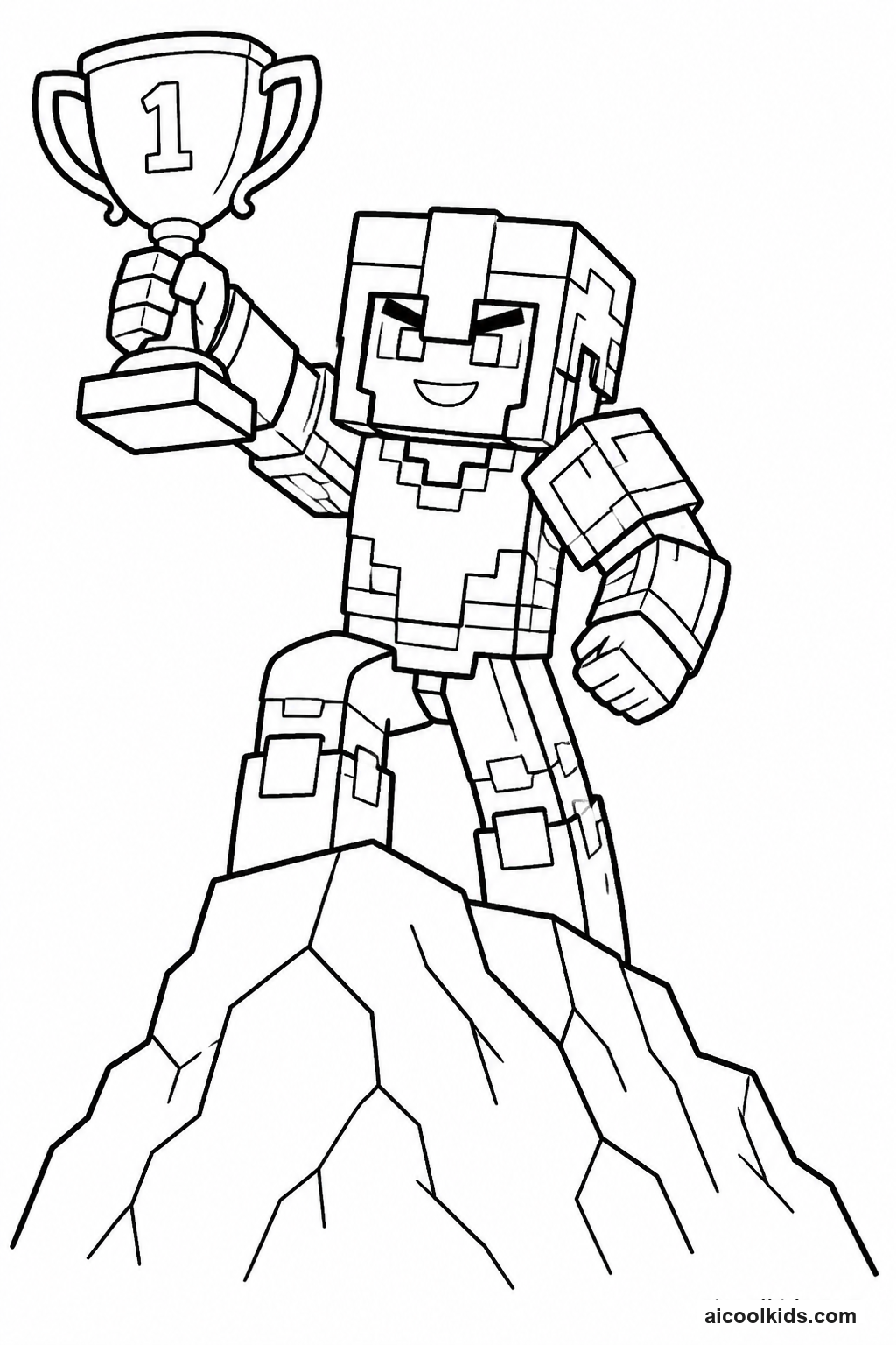 Victorious Player in Netherite Armor Holding Trophy free printable activity sheet